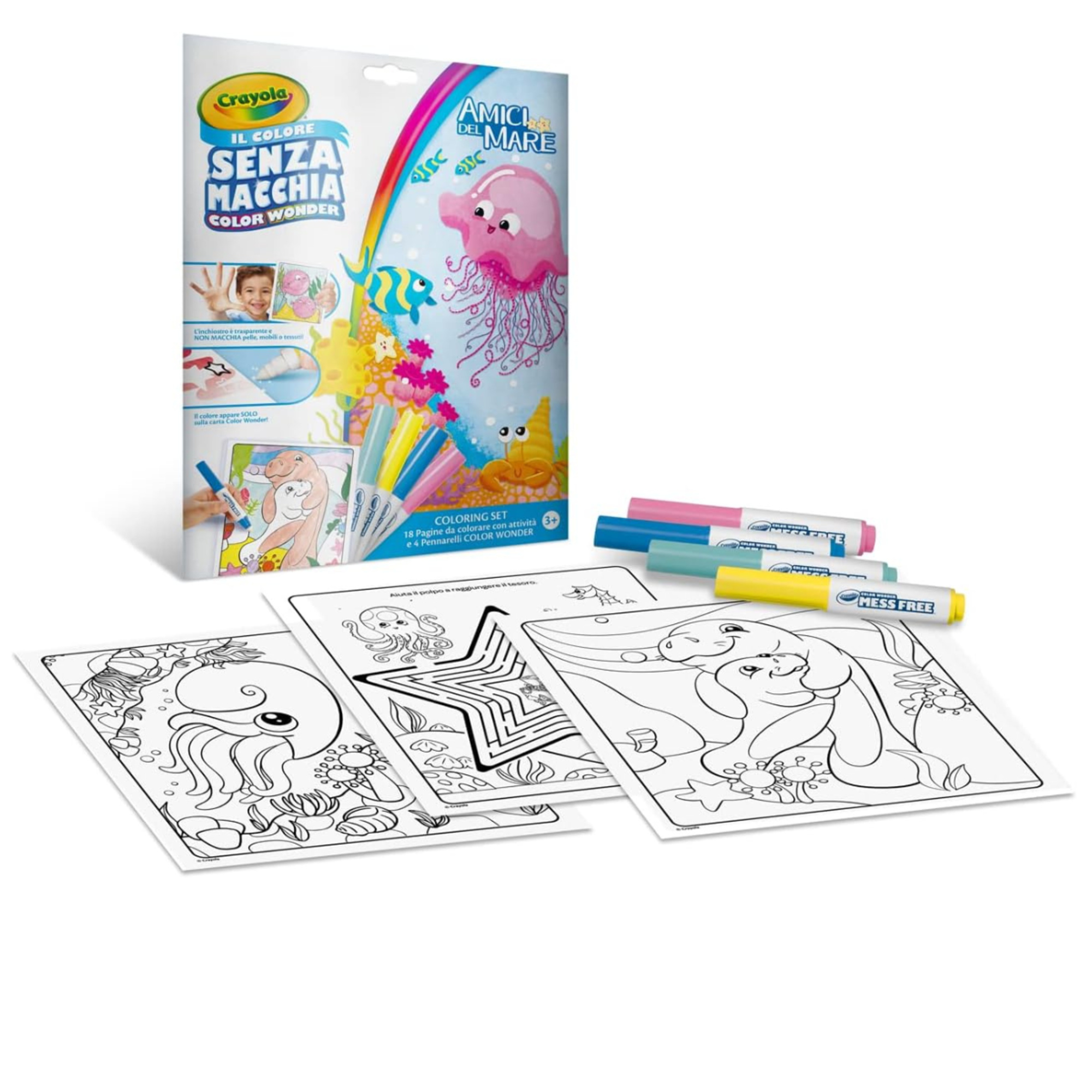 Crayola - color wonder, coloring set con 18 pagine da colorare e 4 pennarelli senza macchia, amici del mare, attività creativa per bambini, età 3 anni - CRAYOLA