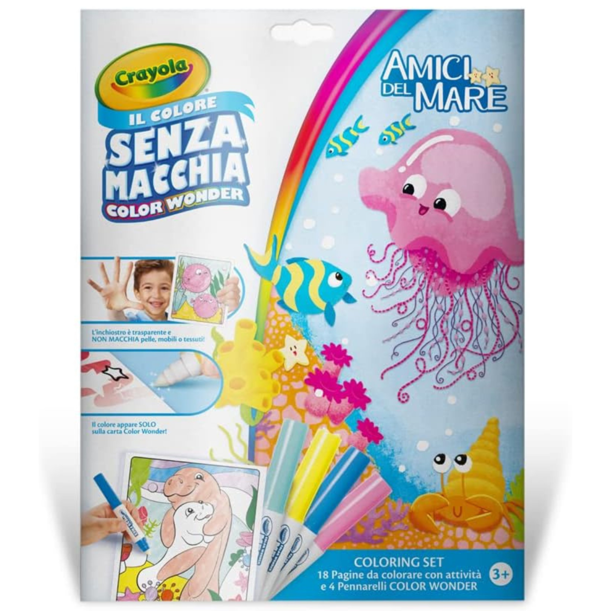 Crayola - color wonder, coloring set con 18 pagine da colorare e 4 pennarelli senza macchia, amici del mare, attività creativa per bambini, età 3 anni - CRAYOLA