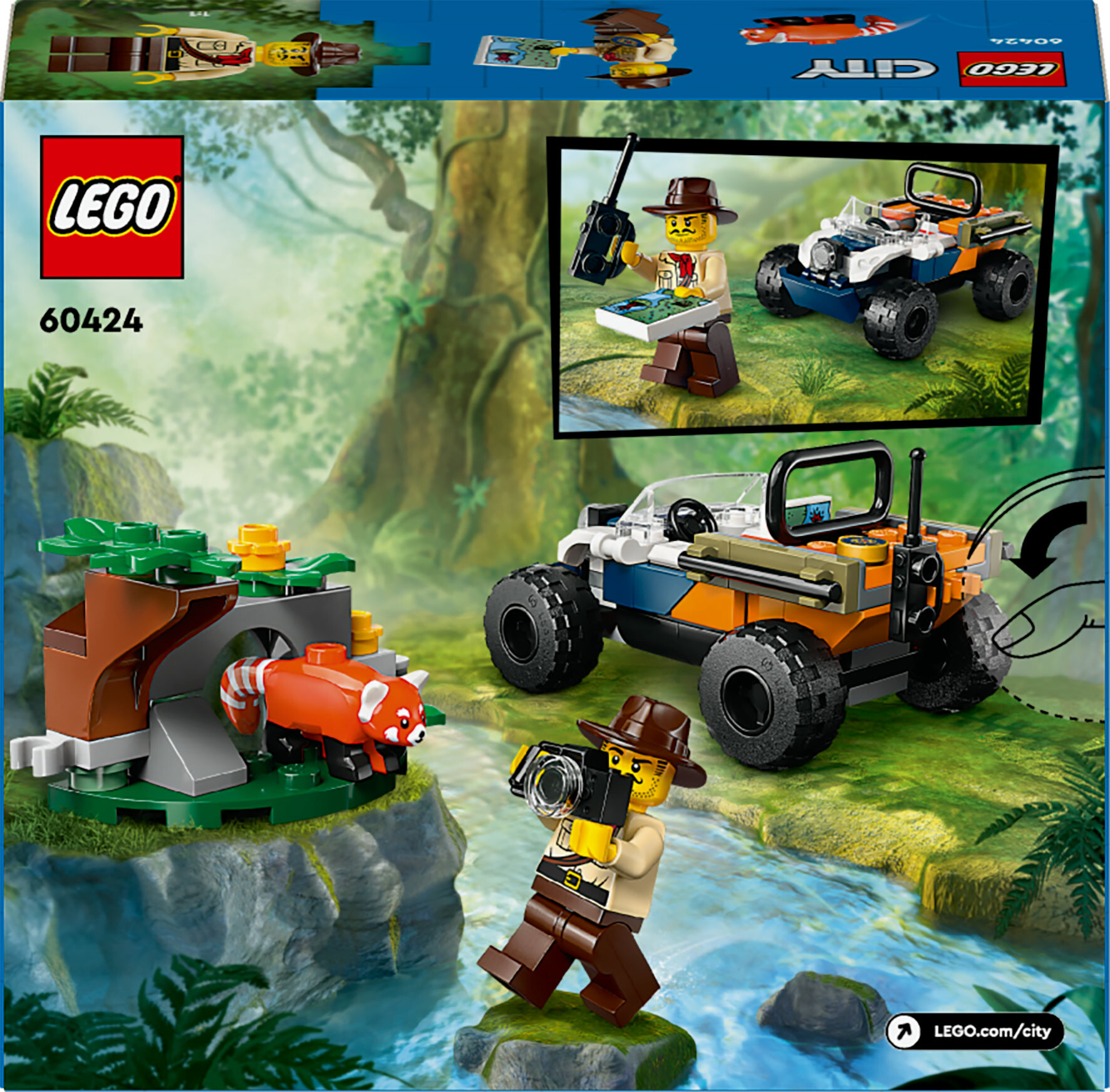 Lego city 60424 atv dell’esploratore della giungla, giochi bambini 6+ anni, veicolo giocattolo con minifigure e panda rosso - LEGO CITY