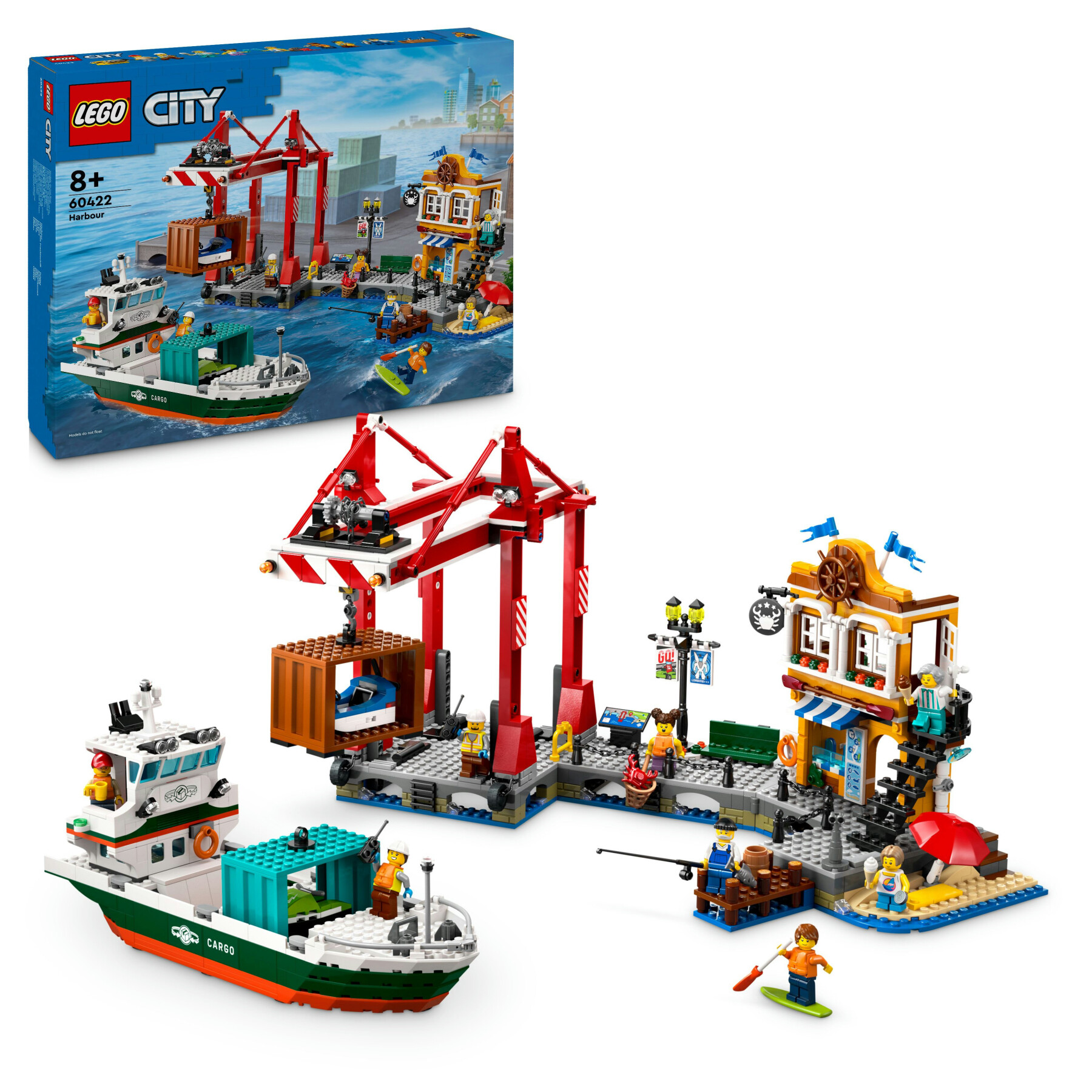 Lego city 60422 porto e nave merci, giochi per bambini 8+ con barca giocattolo, gru funzionante, moto d'acqua e 8 minifigure - LEGO CITY