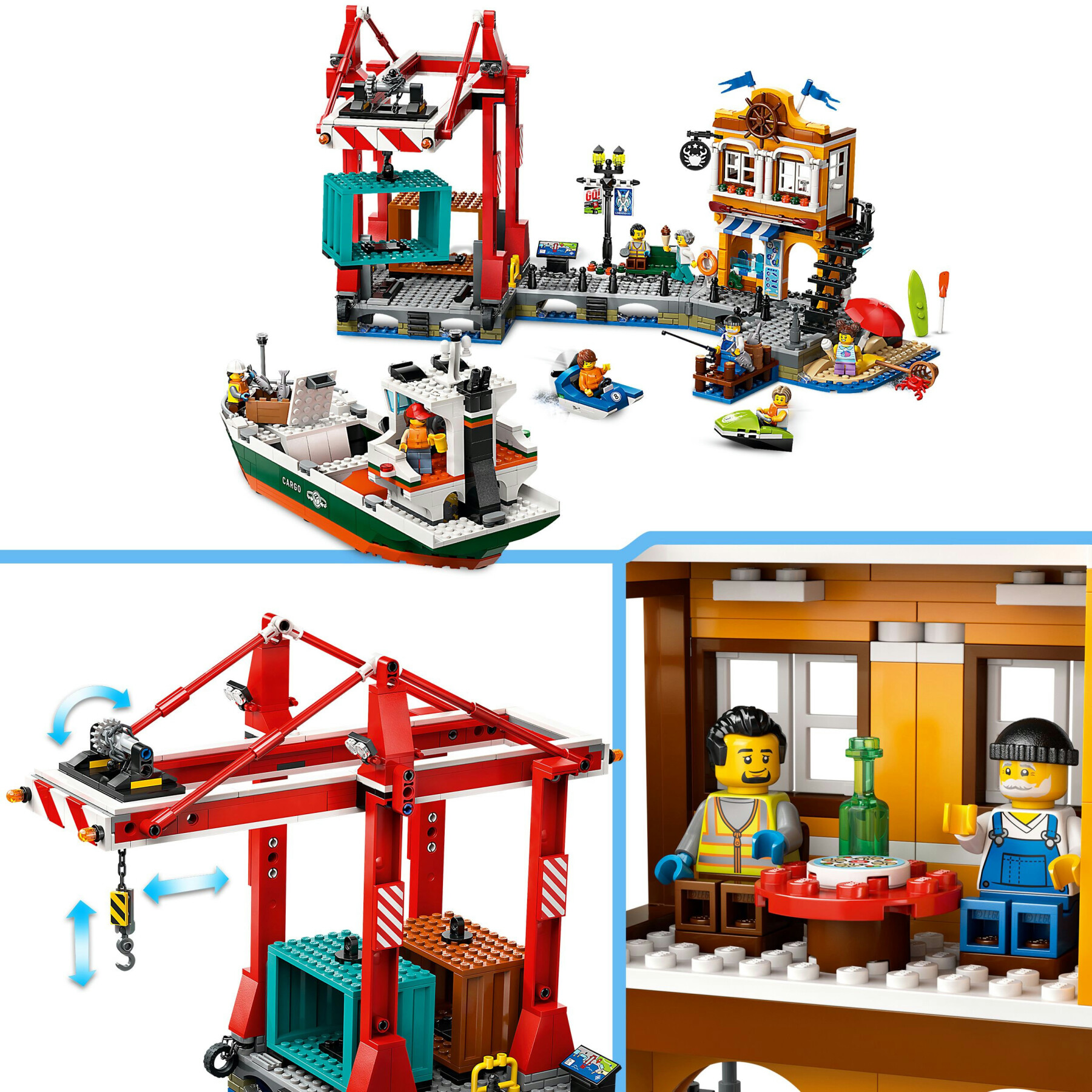 Lego city 60422 porto e nave merci, giochi per bambini 8+ con barca giocattolo, gru funzionante, moto d'acqua e 8 minifigure - LEGO CITY