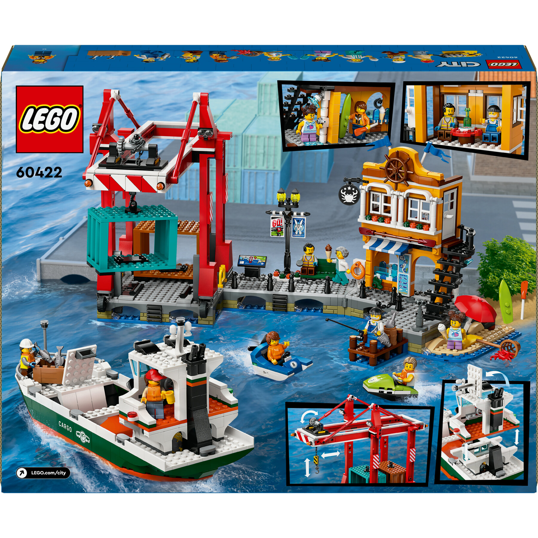 Lego city 60422 porto e nave merci, giochi per bambini 8+ con barca giocattolo, gru funzionante, moto d'acqua e 8 minifigure - LEGO CITY