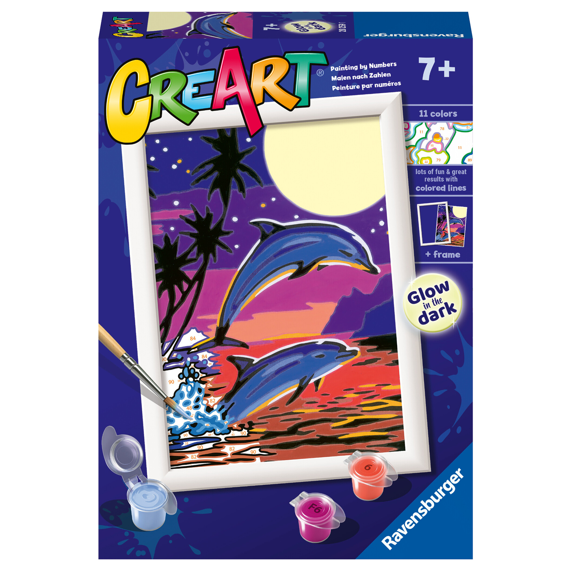 Ravensburger - creart serie e delfini al chiaro di luna - kit dipingere con i numeri - contiene una tavola prestampata, pennello, colori- 7+ anni - CREART