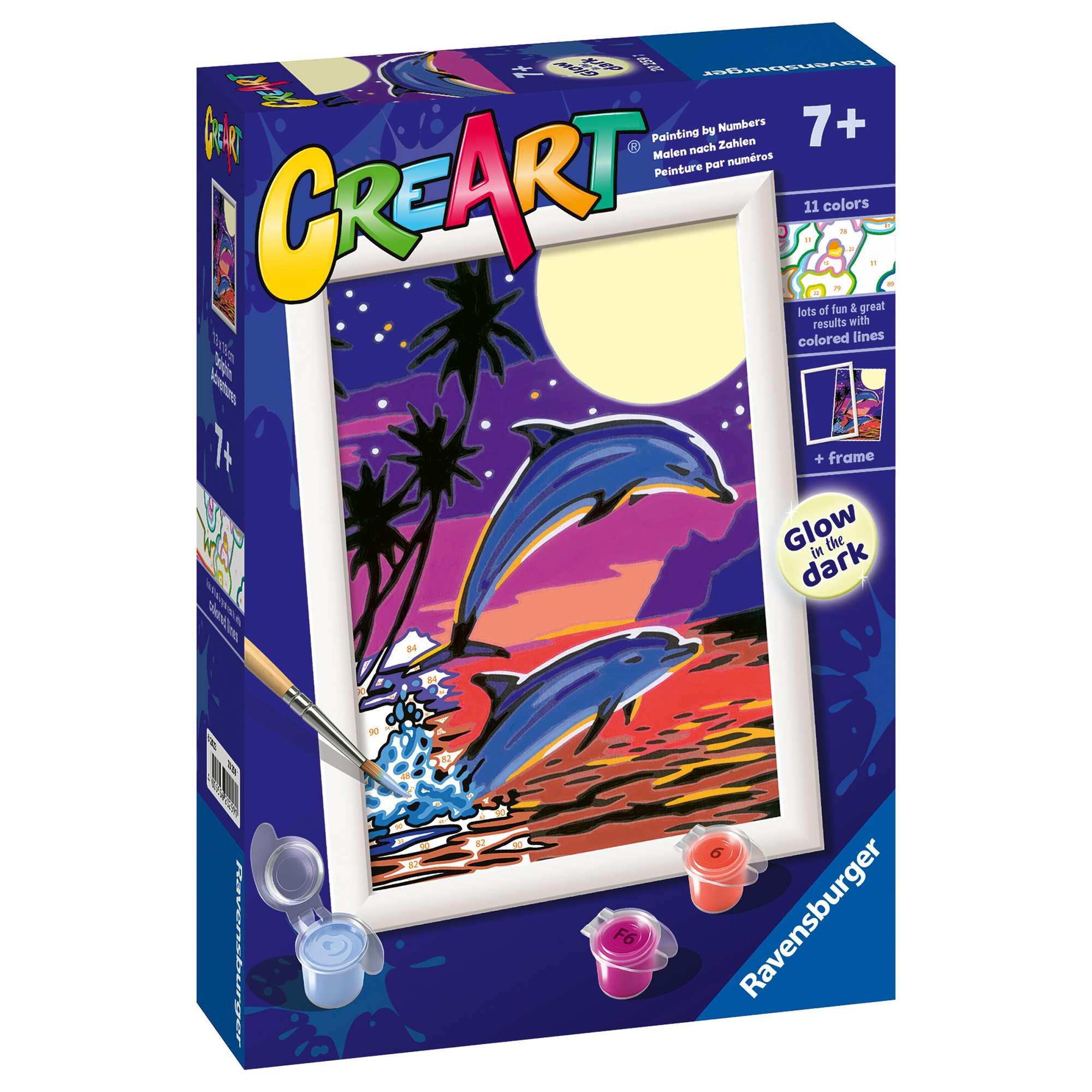 Ravensburger - creart serie e delfini al chiaro di luna - kit dipingere con i numeri - contiene una tavola prestampata, pennello, colori- 7+ anni - CREART