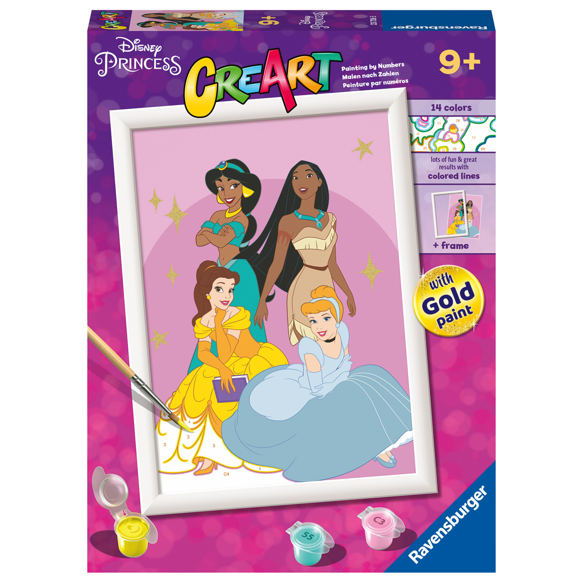 Ravensburger - creart serie d: le principesse disney, kit pittura con numeri, contiene una tavola prestampata, pennello, color - 9+ anni - CREART, DISNEY PRINCESS