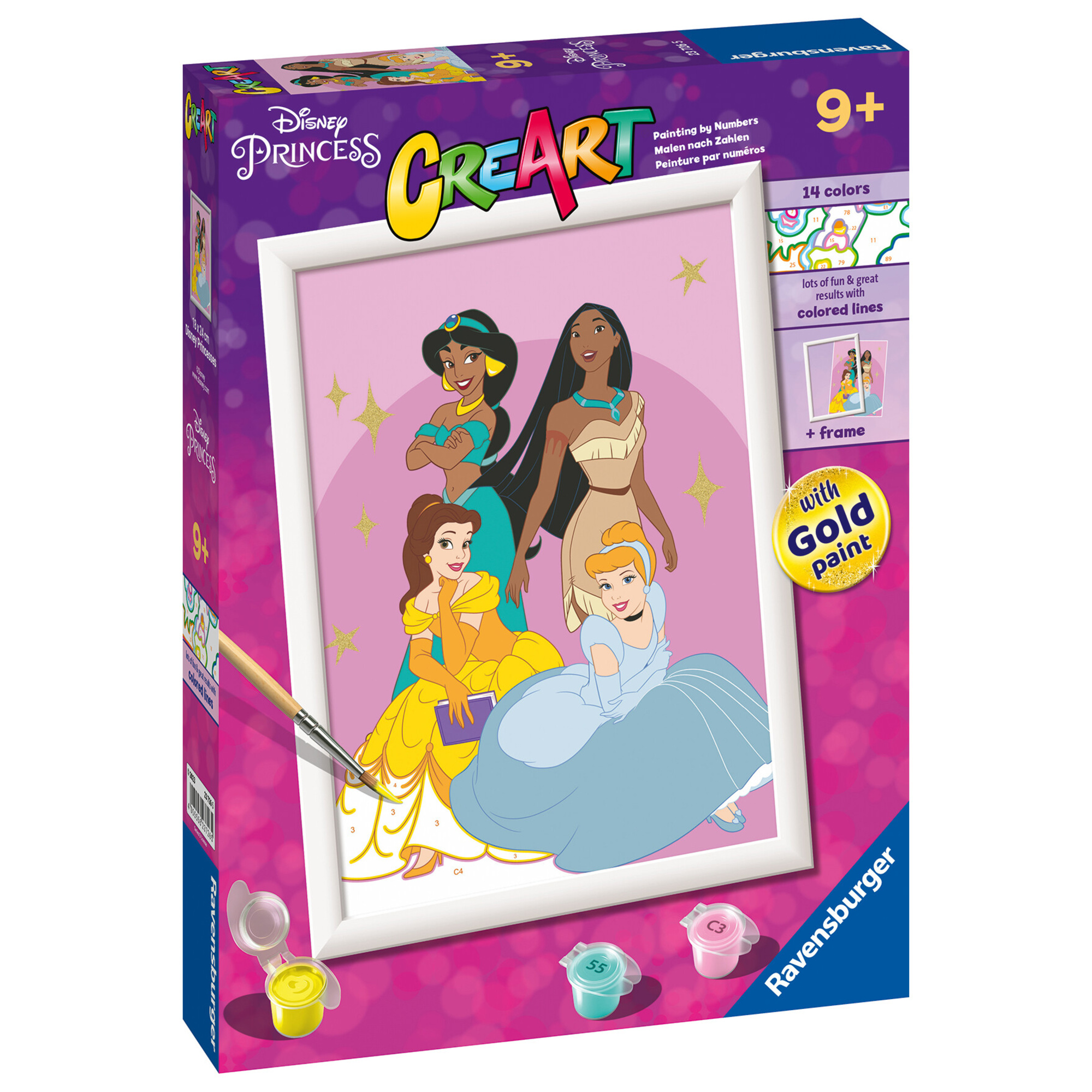 Ravensburger - creart serie d: le principesse disney, kit pittura con numeri, contiene una tavola prestampata, pennello, color - 9+ anni - CREART, DISNEY PRINCESS