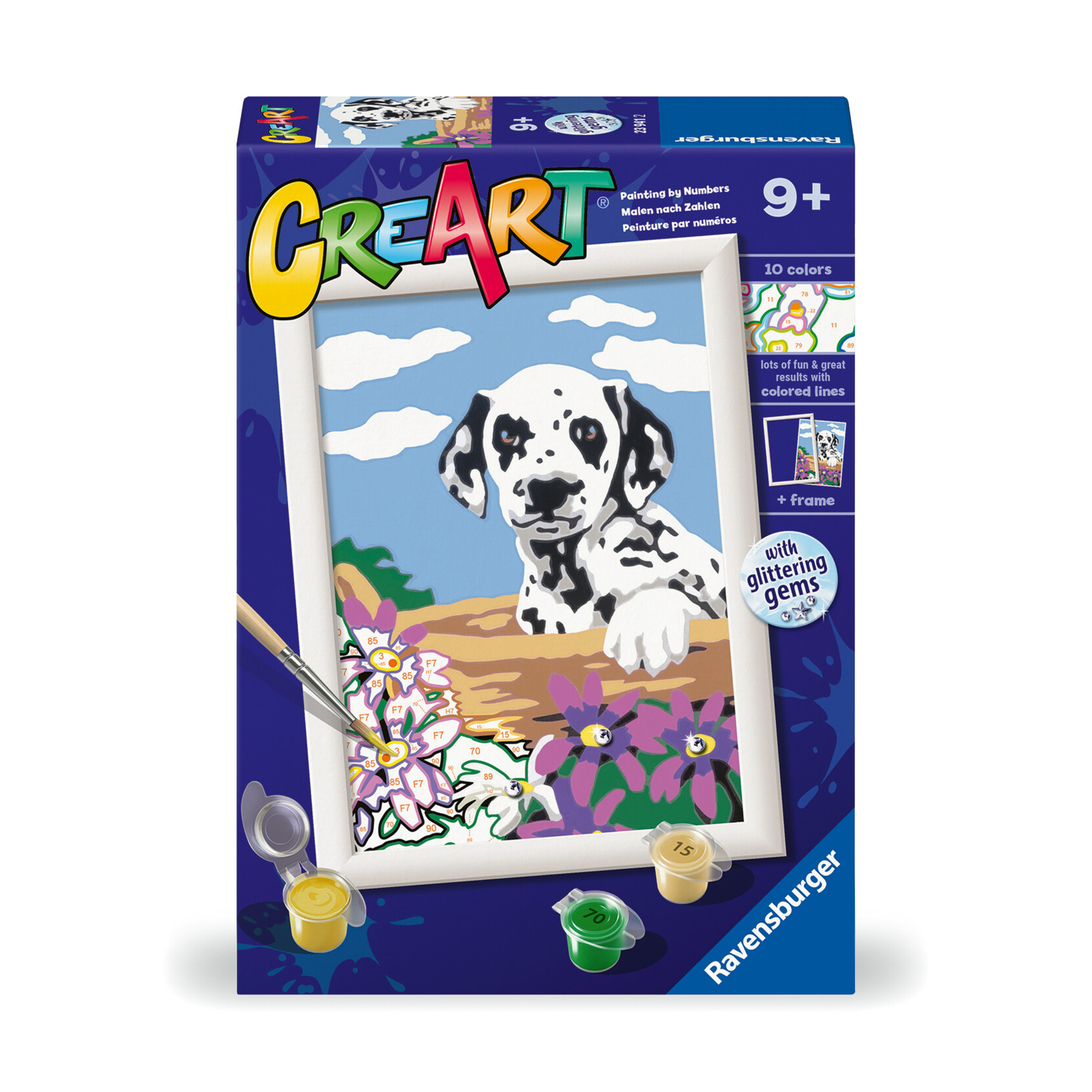 Ravensburger - creart serie e dalmata con fiori - kit pittura con numeri - contiene una tavola prestampata, pennello, colori - 9+ anni - CREART