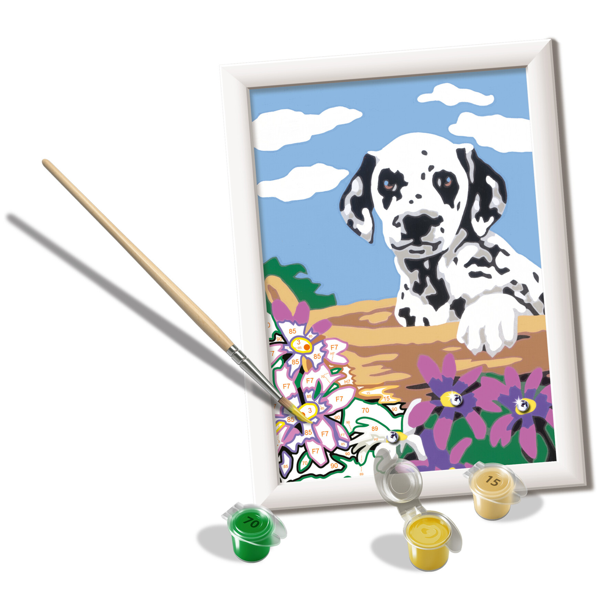 Ravensburger - creart serie e dalmata con fiori - kit pittura con numeri - contiene una tavola prestampata, pennello, colori - 9+ anni - CREART