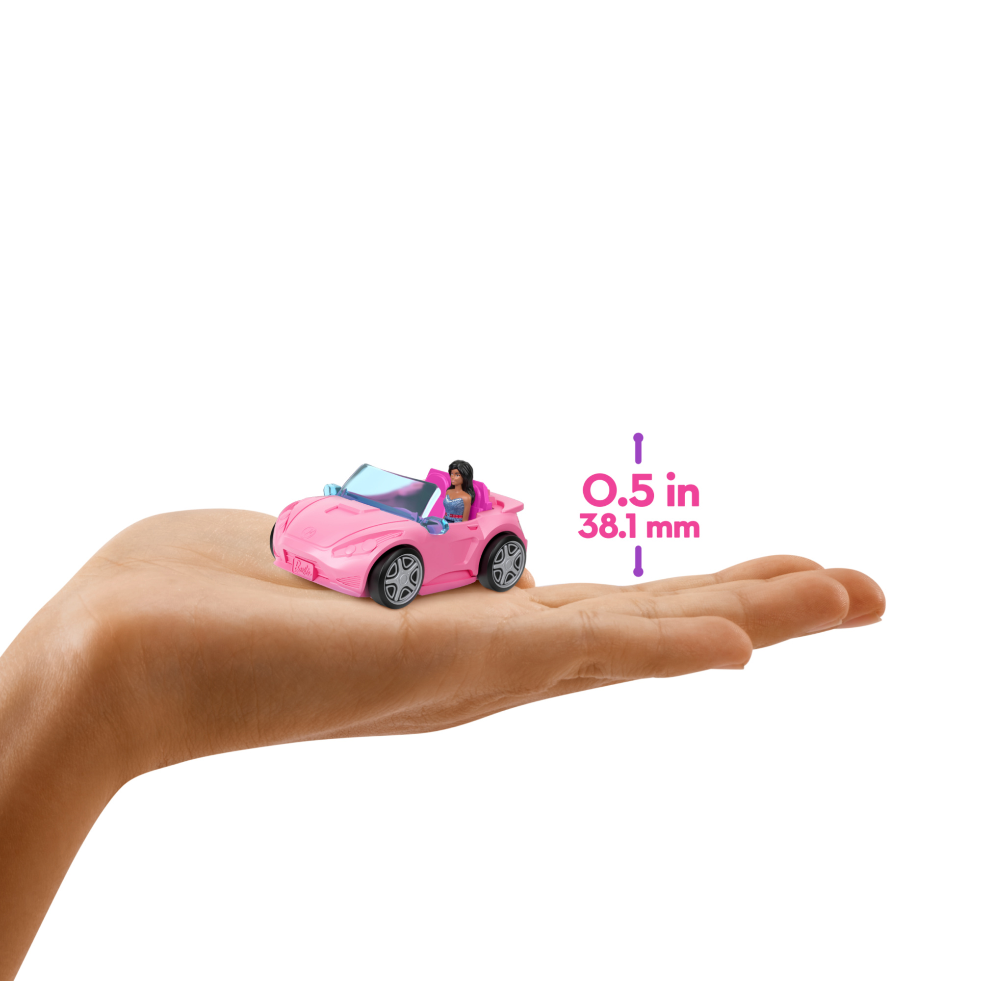 Mini barbieland - auto cabrio decappottabile - set con mini veicolo e bambola con sorpresa cambia colore in acqua - Barbie