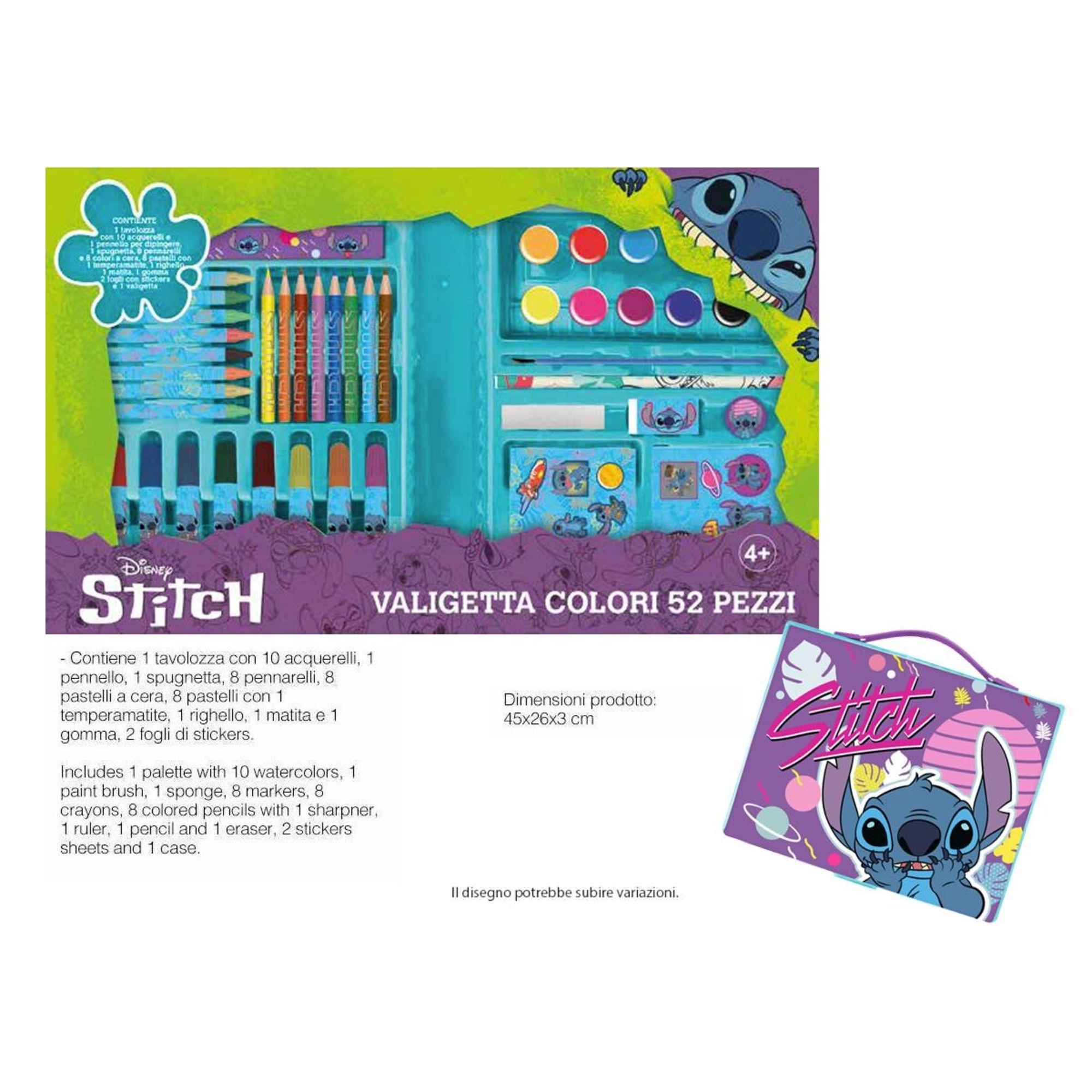 Valigetta di stitch con matite e pastelli colorati per il disegno - Disney Stitch