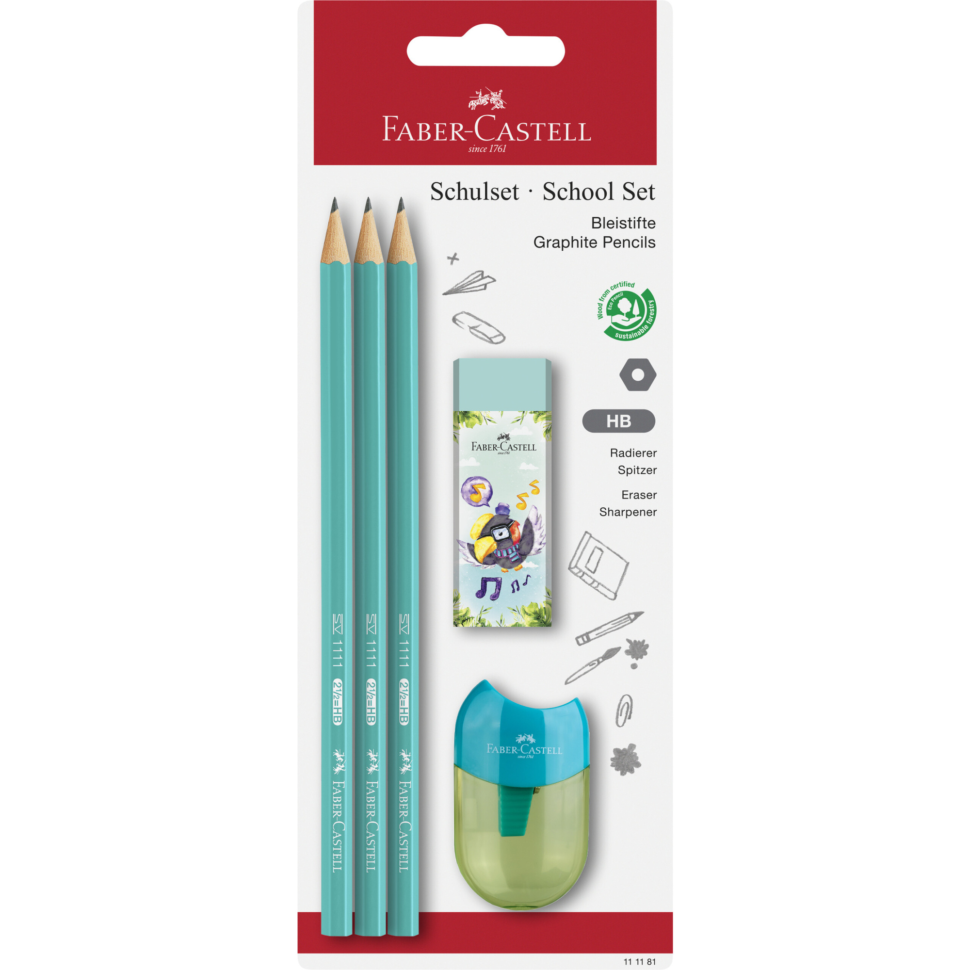 Blister school set -  3x matite di grafite hb -  1x gomma happy jungle -  1x temperamatite di qualità con serbatoio - -- No Brand --