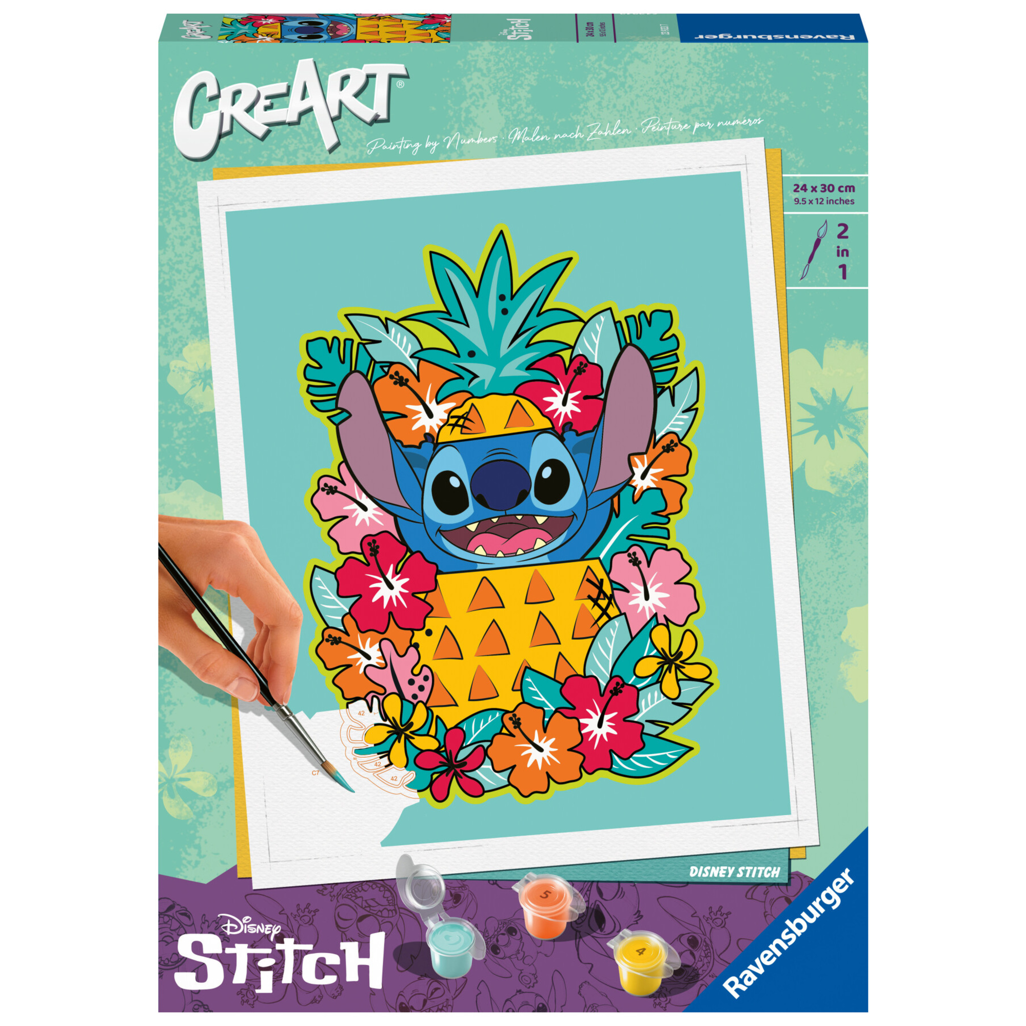 Ravensburger - creart stitch - kit pittura con numerii - contiene tavola prestampata 24x30 cm, pennello, colori - 14+ anni - CREART, Disney Stitch