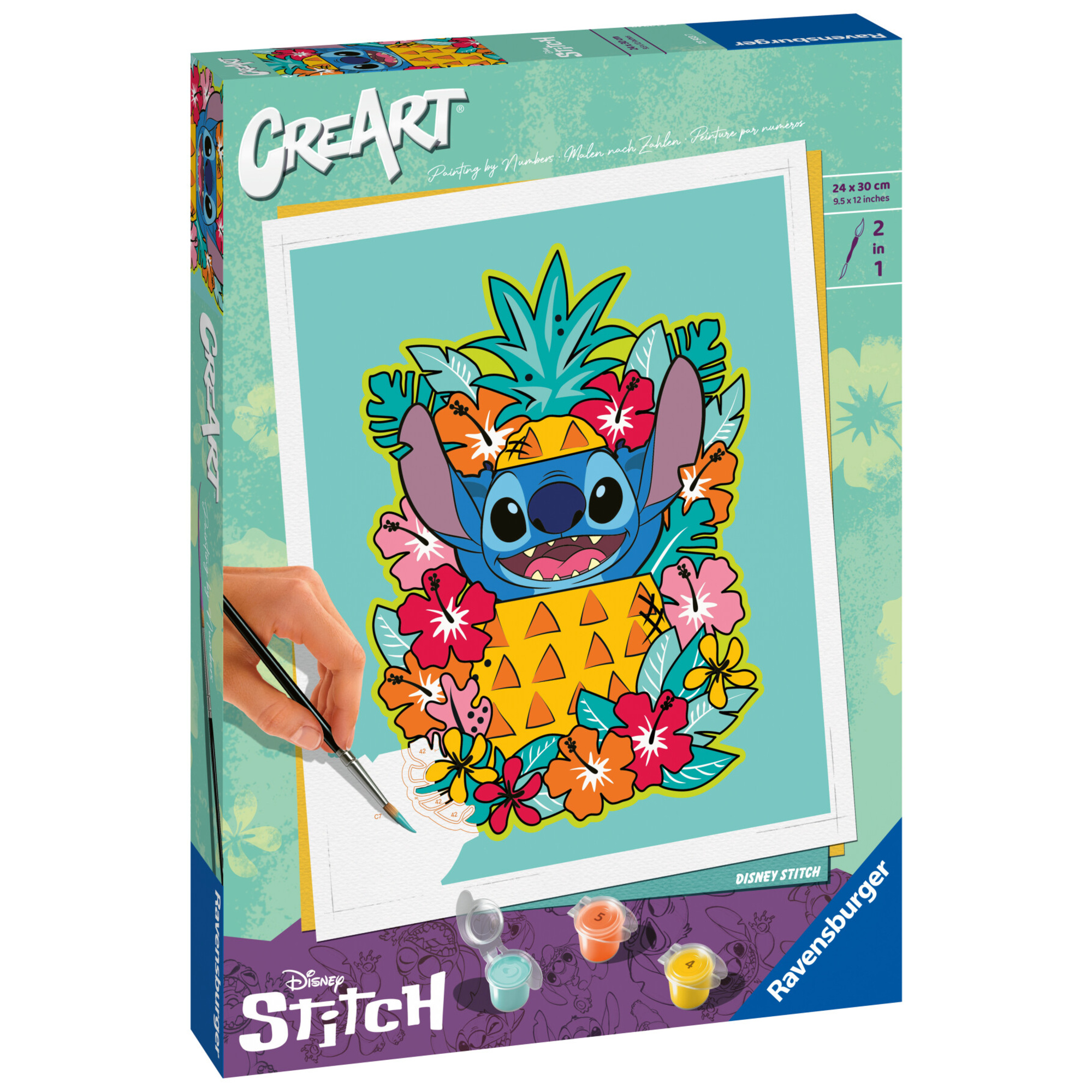 Ravensburger - creart stitch - kit pittura con numerii - contiene tavola prestampata 24x30 cm, pennello, colori - 14+ anni - CREART, Disney Stitch