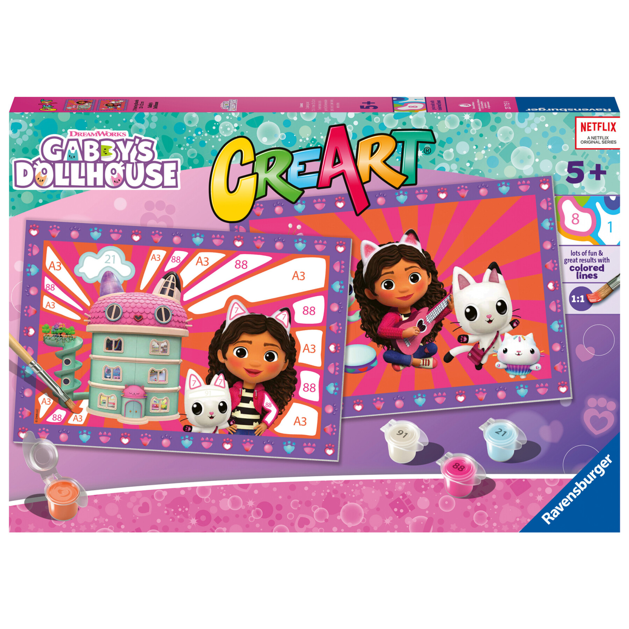 Ravensburger - creart serie junior - gabby's dollhouse - kit dipingere con i numeri -2 tavole prestampate, pennello e colori - 5+ anni - CREART, GABBY'S DOLLHOUSE