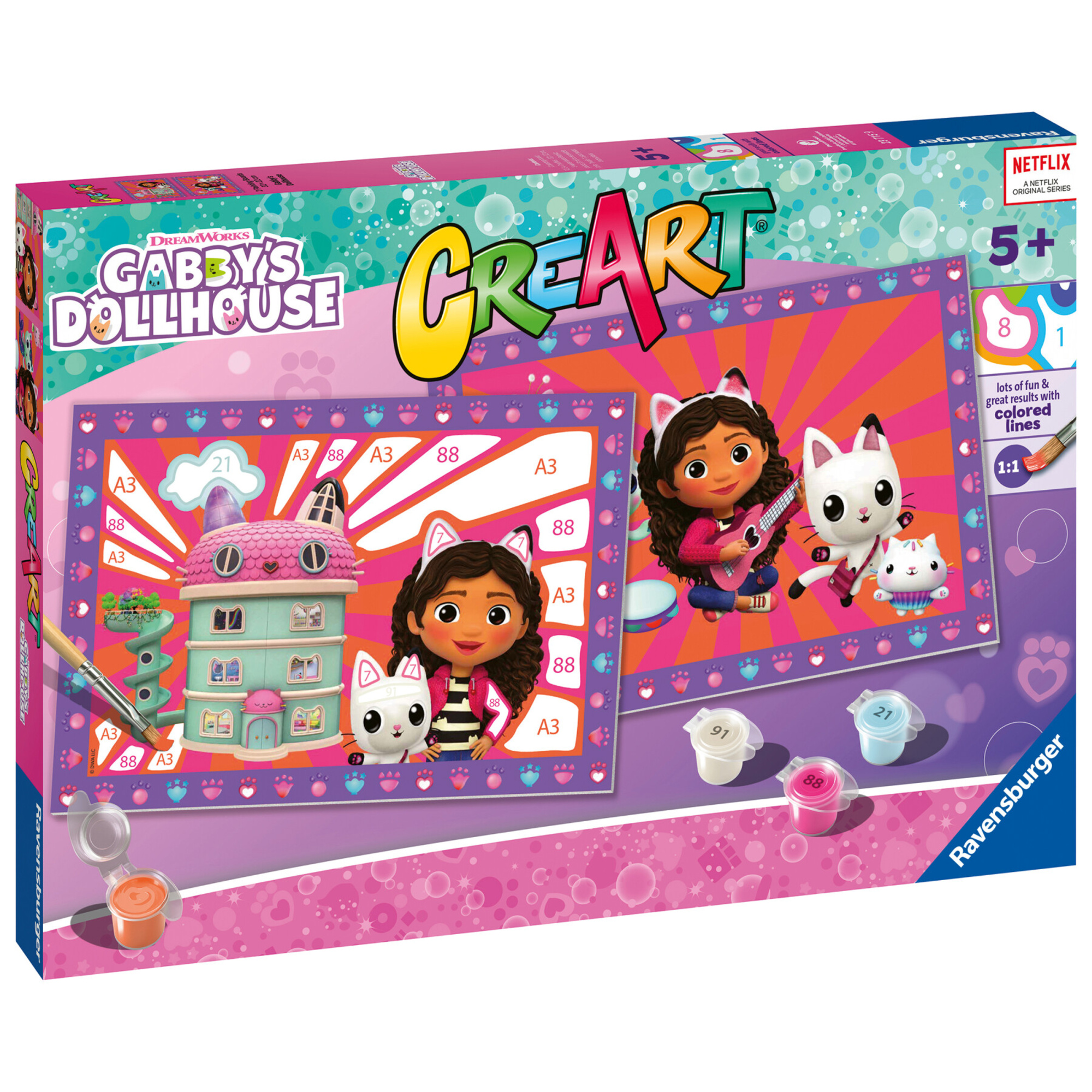 Ravensburger - creart serie junior - gabby's dollhouse - kit dipingere con i numeri -2 tavole prestampate, pennello e colori - 5+ anni - CREART, GABBY'S DOLLHOUSE