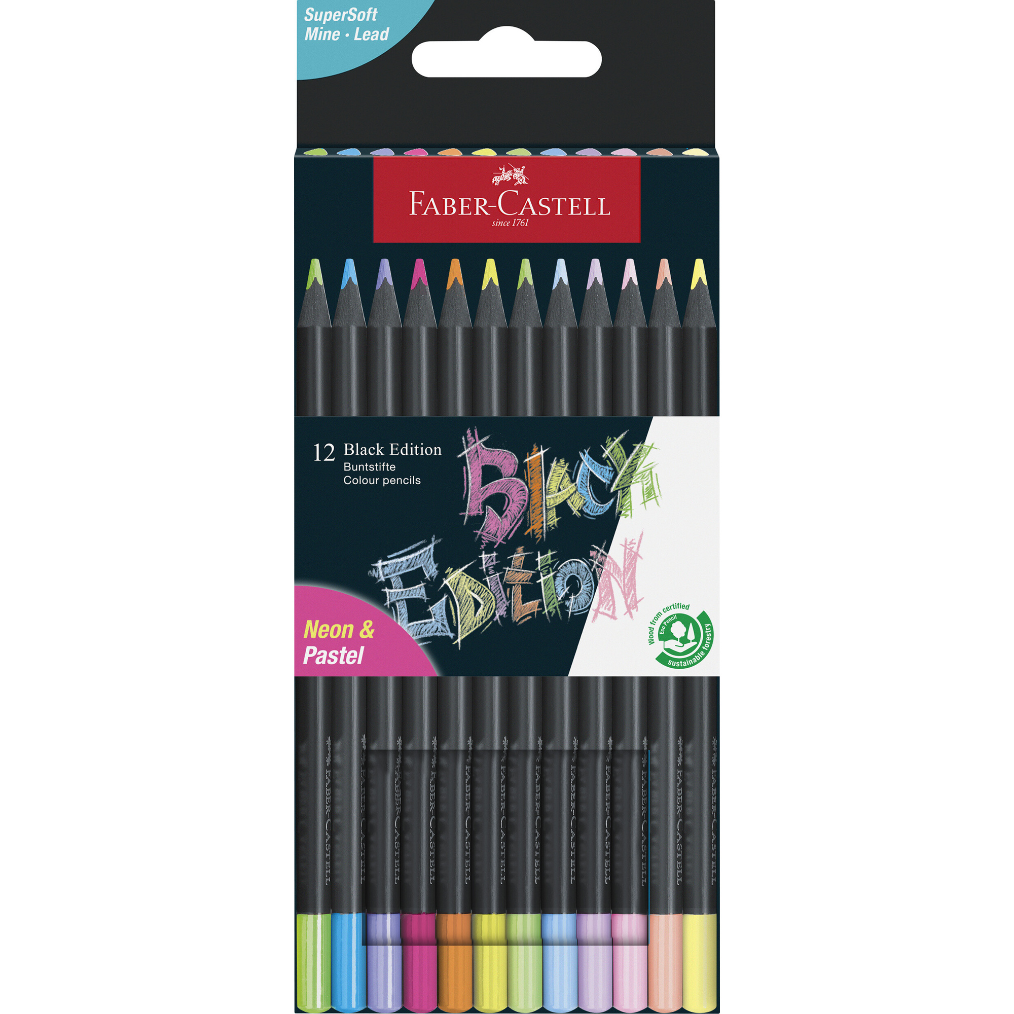Astuccio in cartone da 12 matite colorate black edition neon + pastel - -- No Brand --