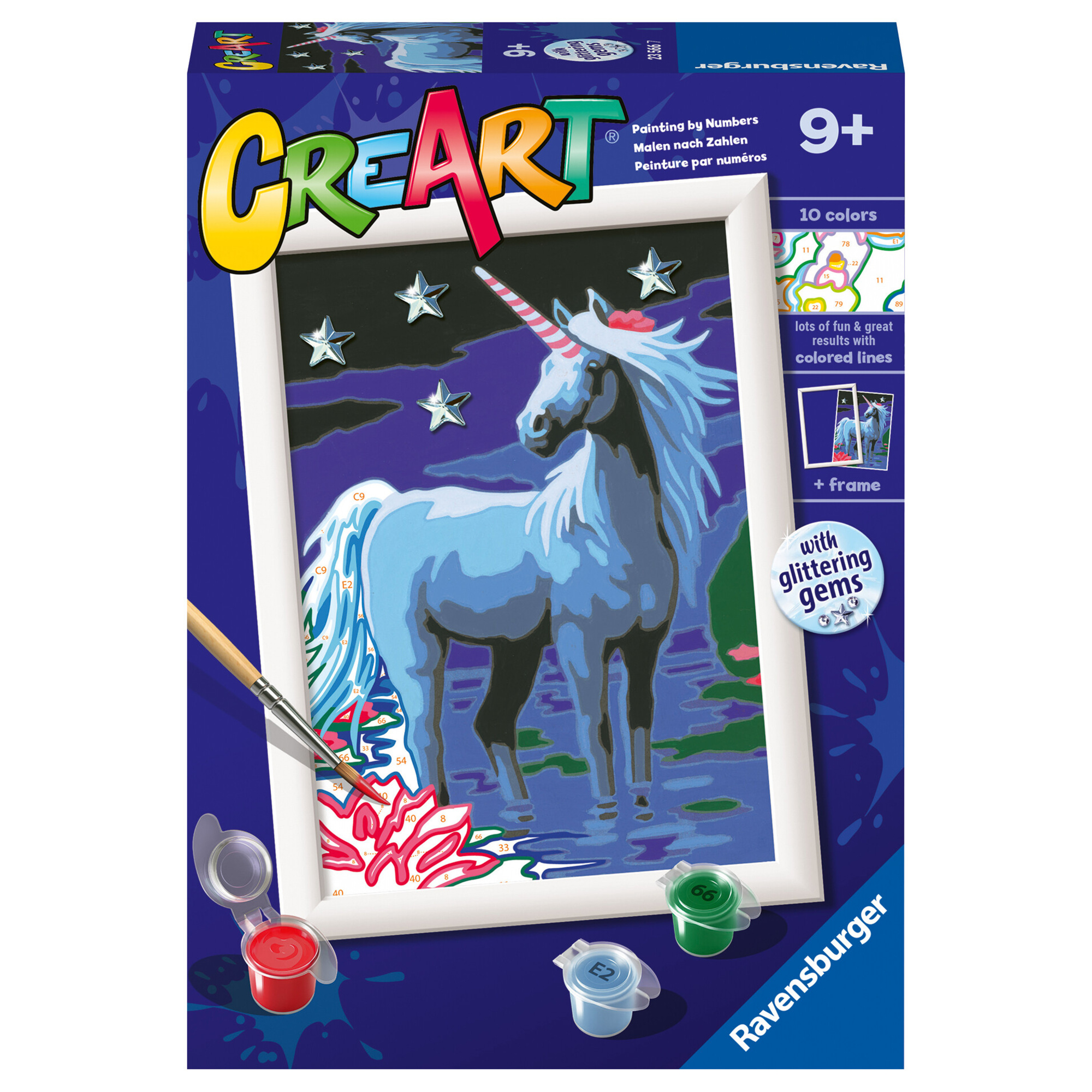 Ravensburger - creart serie e magico unicorno - kit pittura con numeri - contiene una tavola prestampata, pennello, colori - 9+ anni - CREART