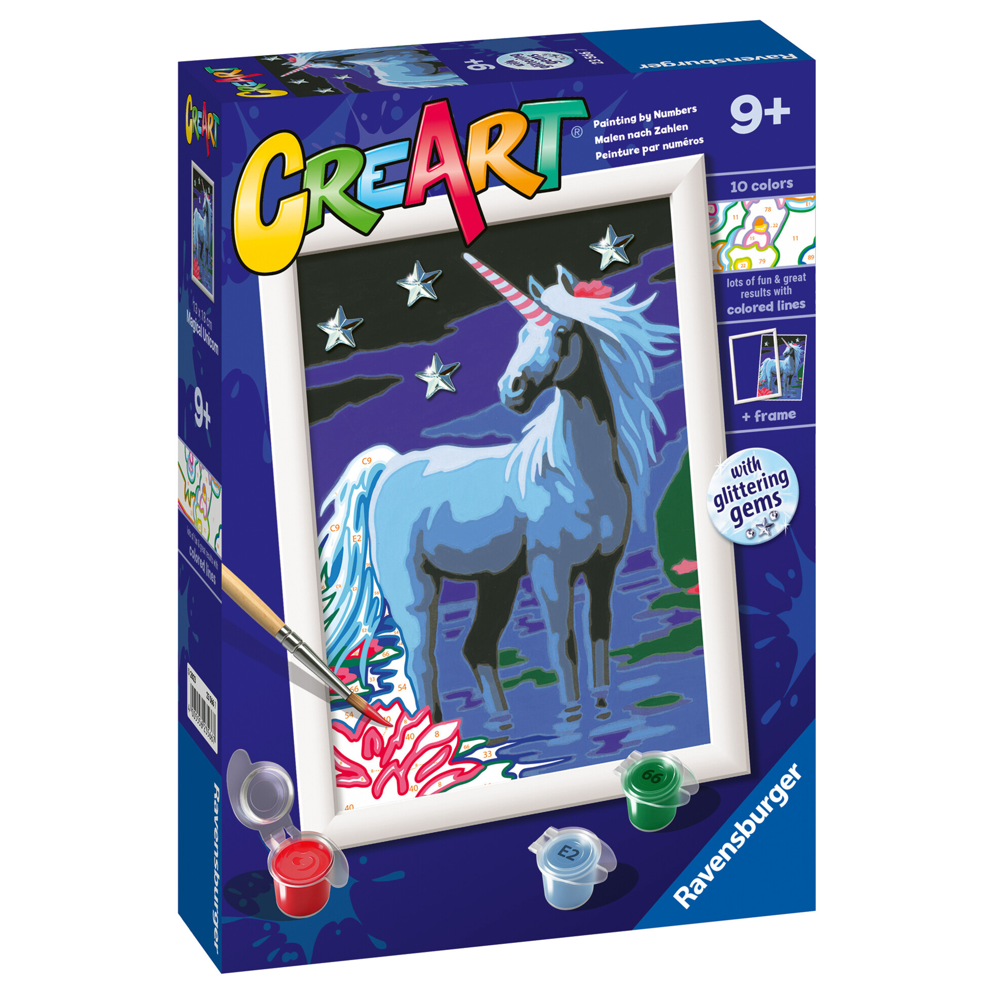 Ravensburger - creart serie e magico unicorno - kit pittura con numeri - contiene una tavola prestampata, pennello, colori - 9+ anni - CREART