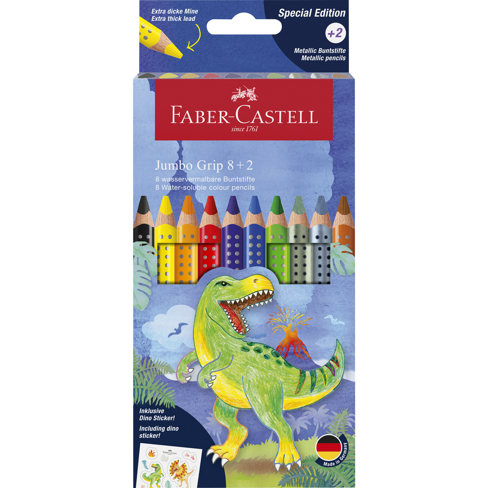 Matita colorata jumbo grip - edizione dinosauro - 8 matite colorate + 2 matite colorate metalliche -  adesivi di dinosauri -  astuccio 10 pz - -- No Brand --