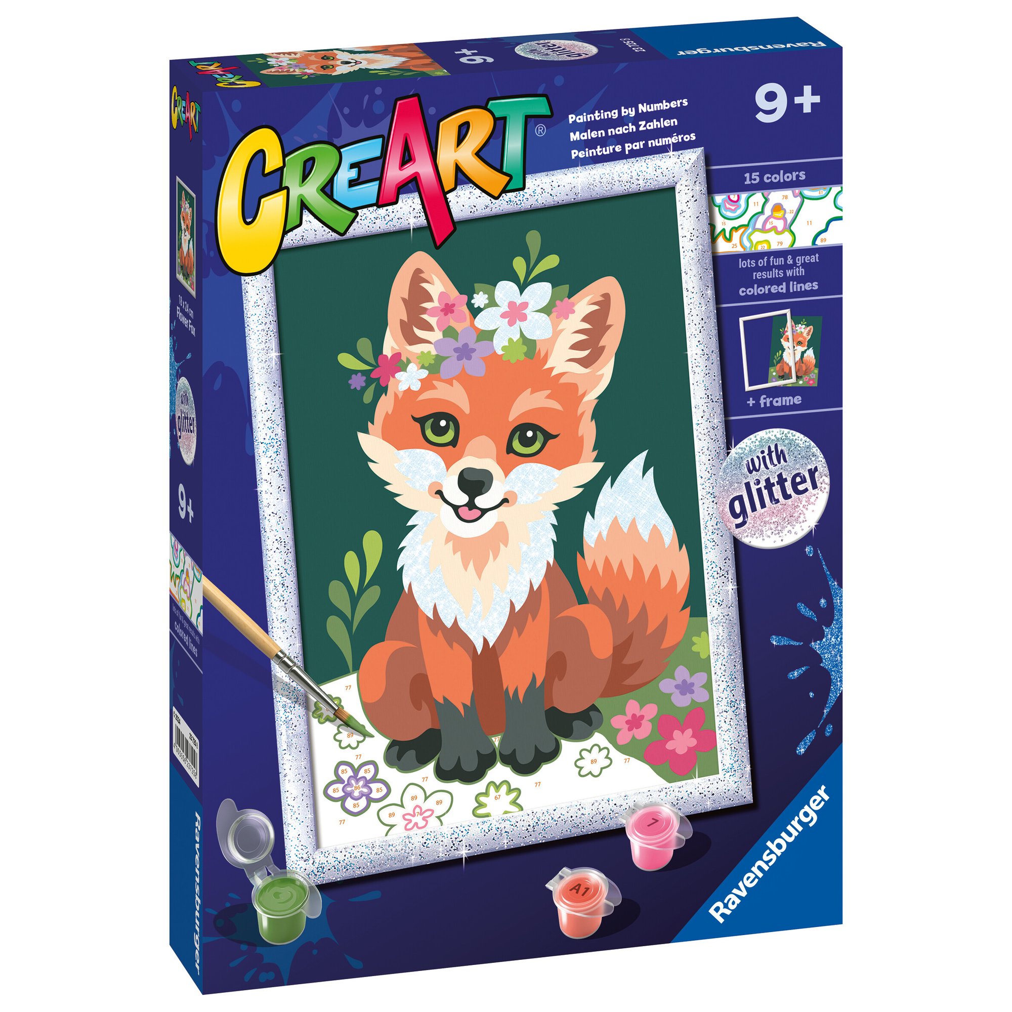 Ravensburger - creart serie d volpe con fiori - kit pittura con numeri - contiene una tavola prestampata, pennello, colori - 9+ anni - CREART