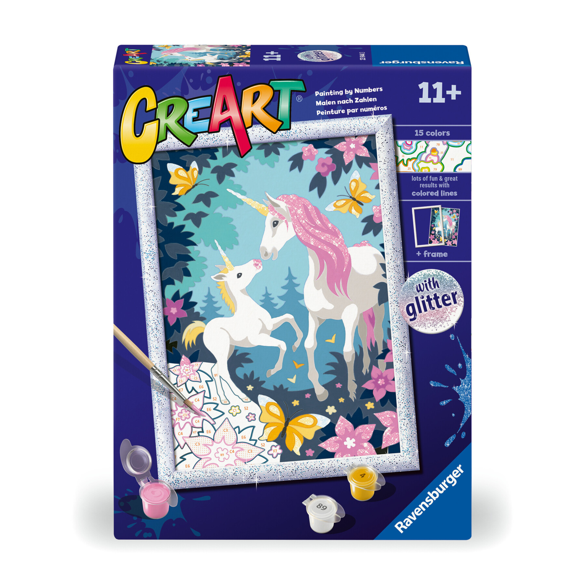 Ravensburger - creart serie d unicorni glitter - kit pittura con numeri - contiene una tavola prestampata, pennello, colori - 11+ anni - CREART