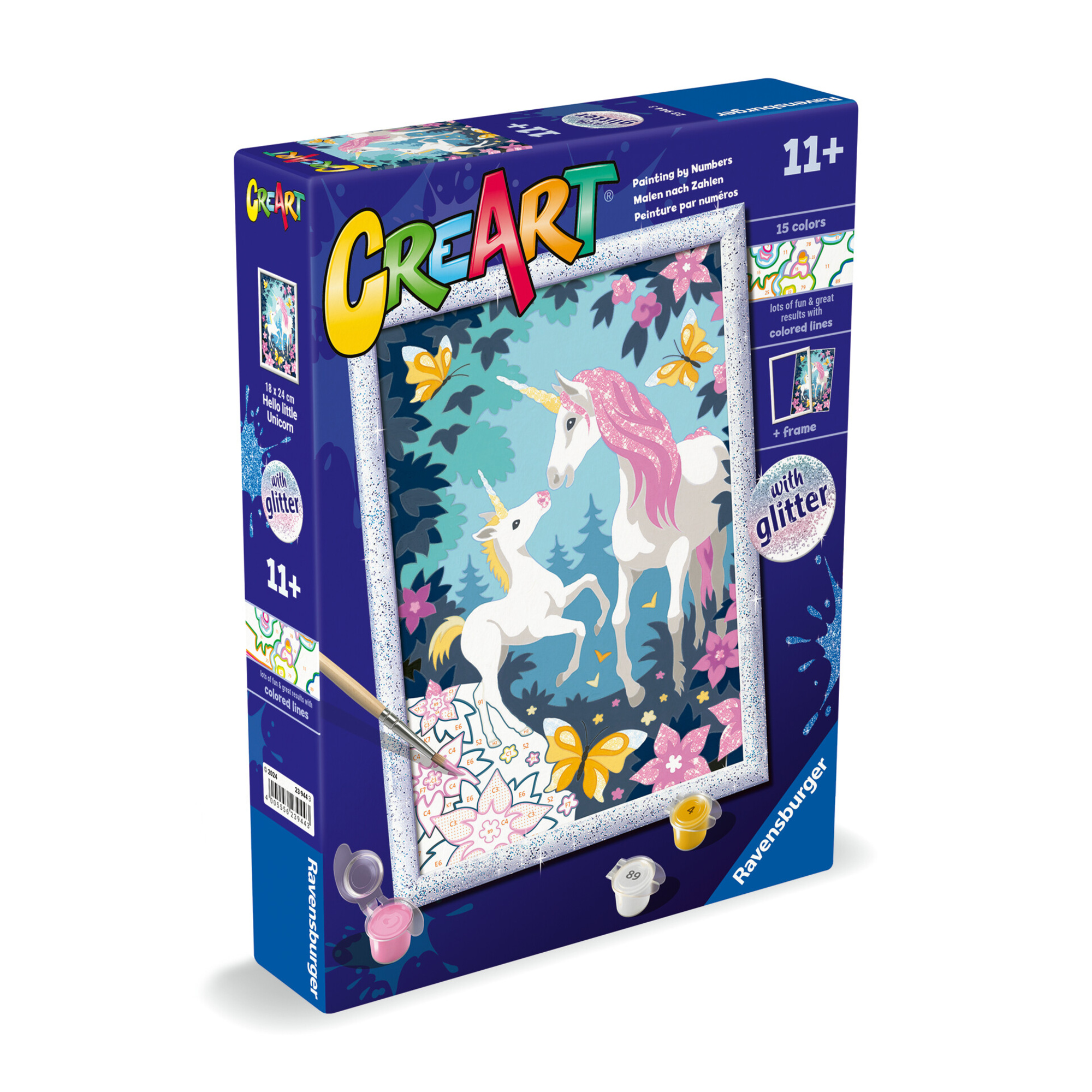 Ravensburger - creart serie d unicorni glitter - kit pittura con numeri - contiene una tavola prestampata, pennello, colori - 11+ anni - CREART