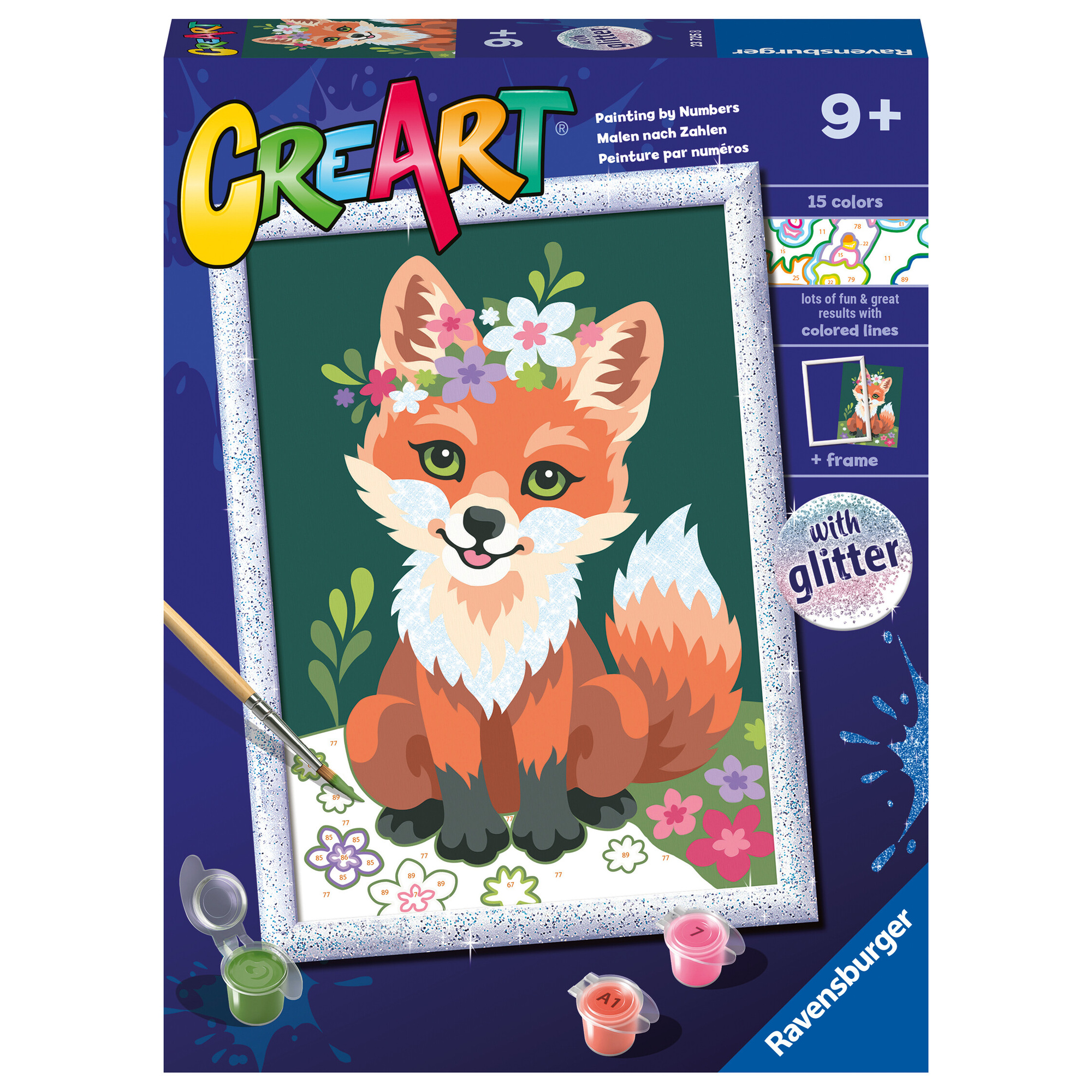 Ravensburger - creart serie d volpe con fiori - kit pittura con numeri - contiene una tavola prestampata, pennello, colori - 9+ anni - CREART