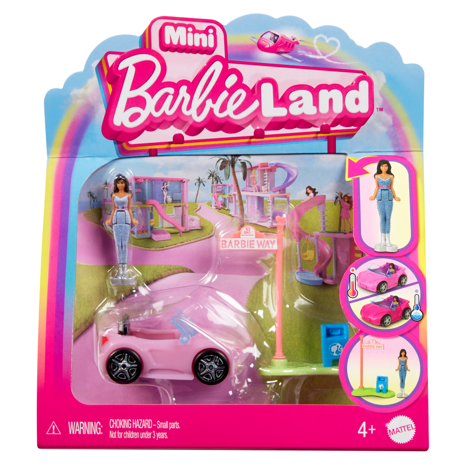 Mini barbieland - auto cabrio decappottabile - set con mini veicolo e bambola con sorpresa cambia colore in acqua - Barbie