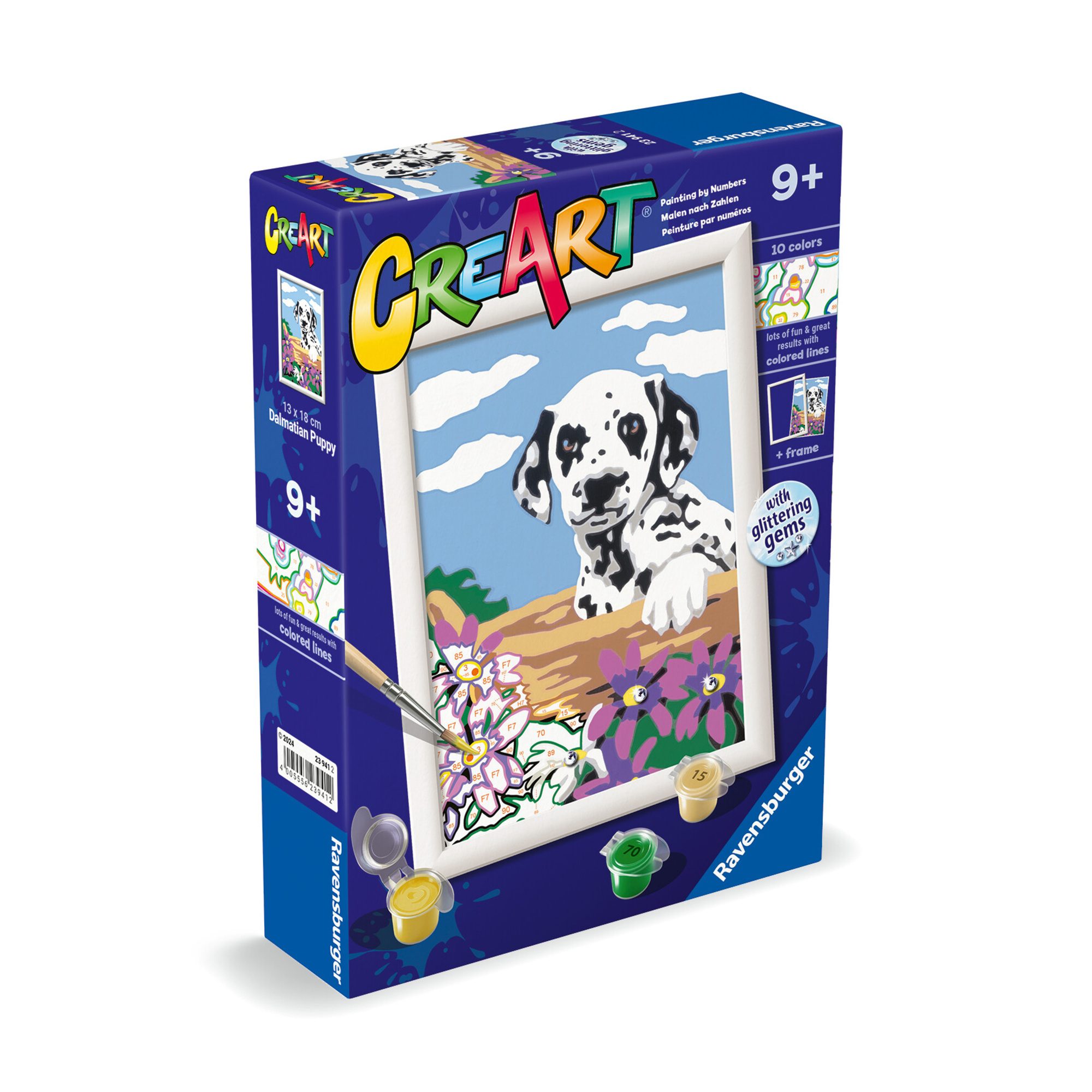 Ravensburger - creart serie e dalmata con fiori - kit pittura con numeri - contiene una tavola prestampata, pennello, colori - 9+ anni - CREART