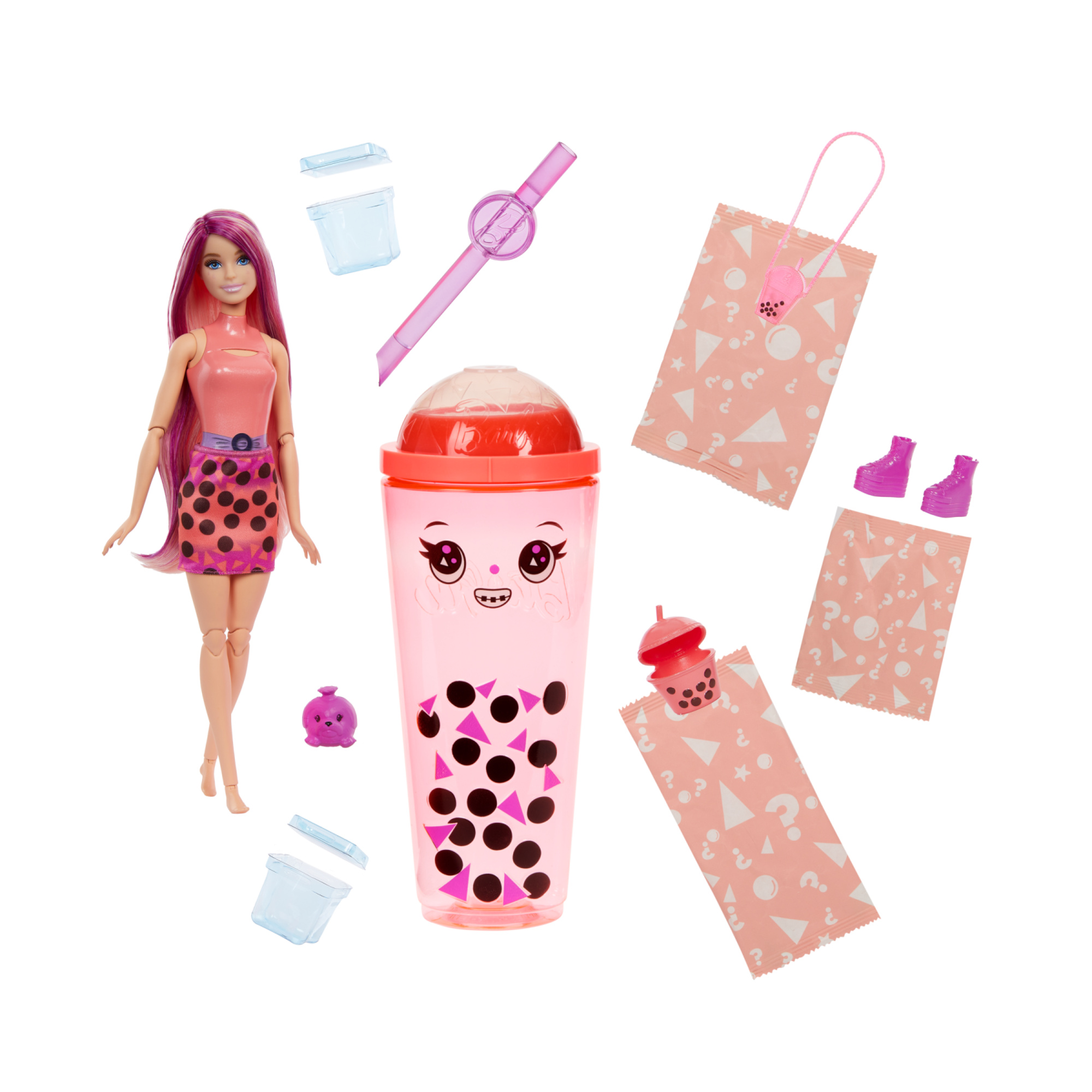 Barbie - pop reveal serie bubble tea, bambola alla moda mango mochi profumata con cucciolo e 8 accessori a sorpresa con effetto cambia colore - Barbie