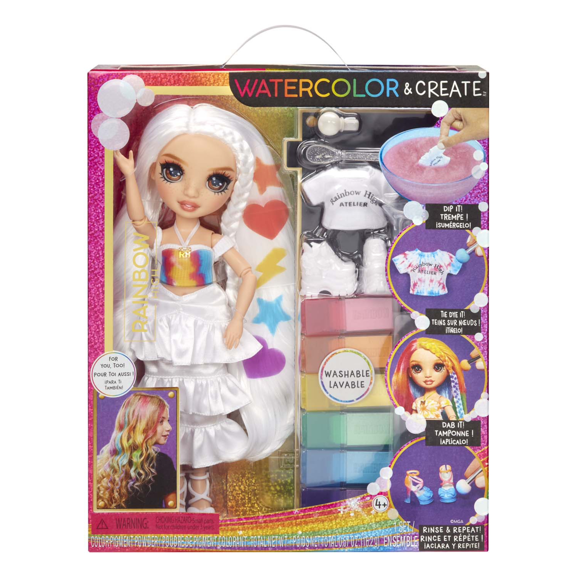 Rainbow high watercolour & create diy fashion doll con acquerelli lavabili e kit tie-dye - occhi marroni, capelli ricci, top e scarpe extra - Rainbow High