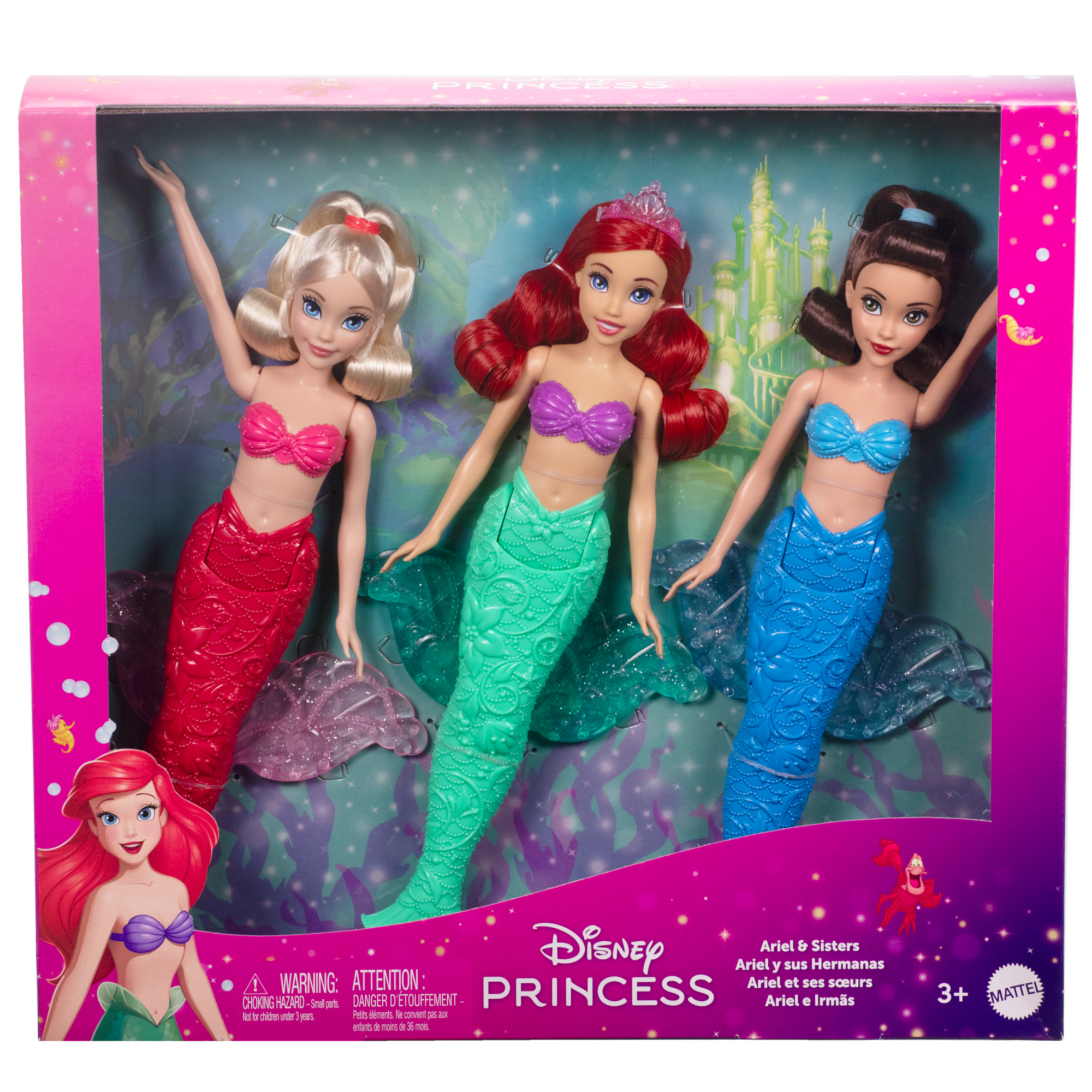 Disney princess - ariel e le sue sorelle, set 3 bambole sirena alla moda con code glitterate - DISNEY PRINCESS