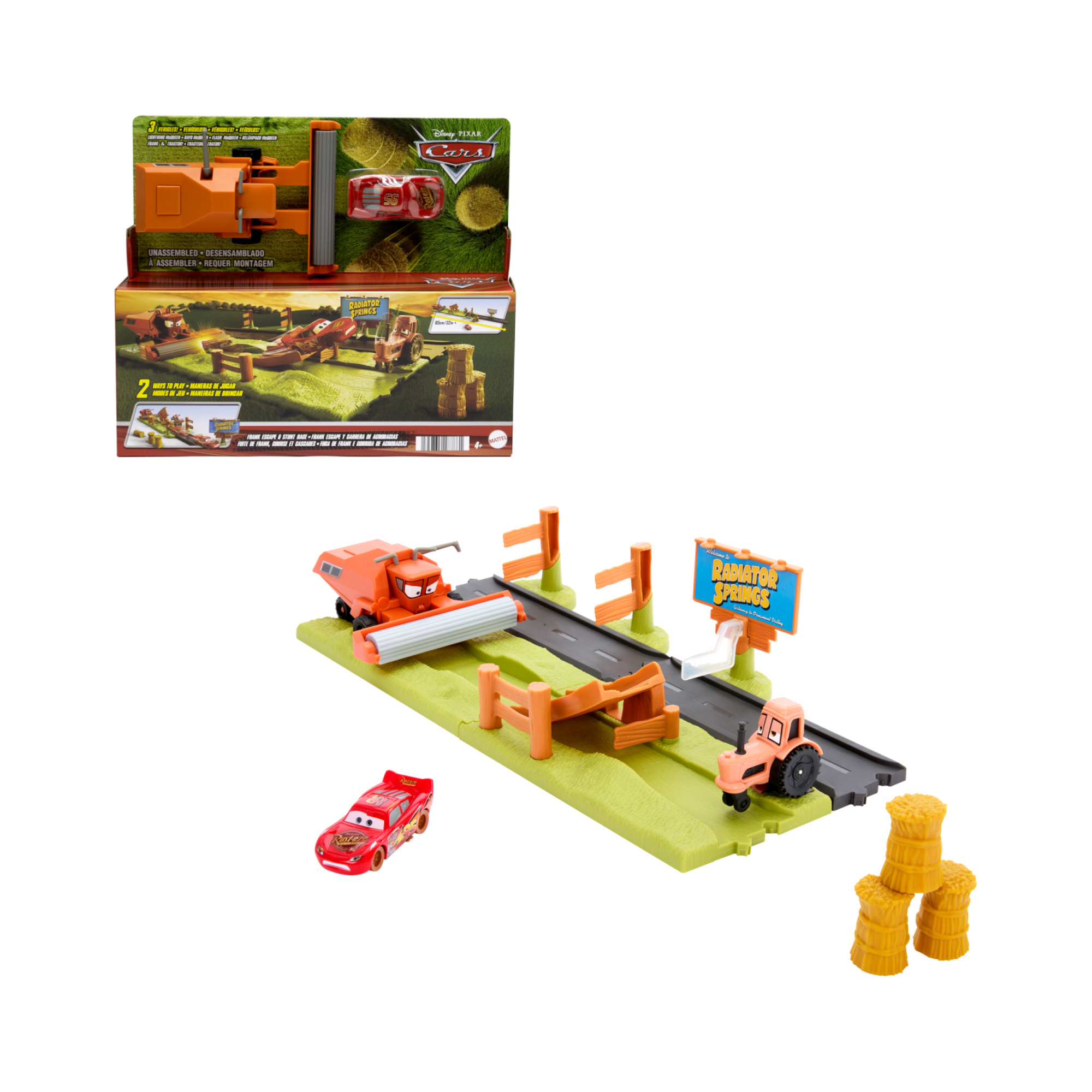 Cars - corsa acrobatica in fuga da frank, playset rampa con 2 modalità di gioco e 3 personaggi dal film - Cars