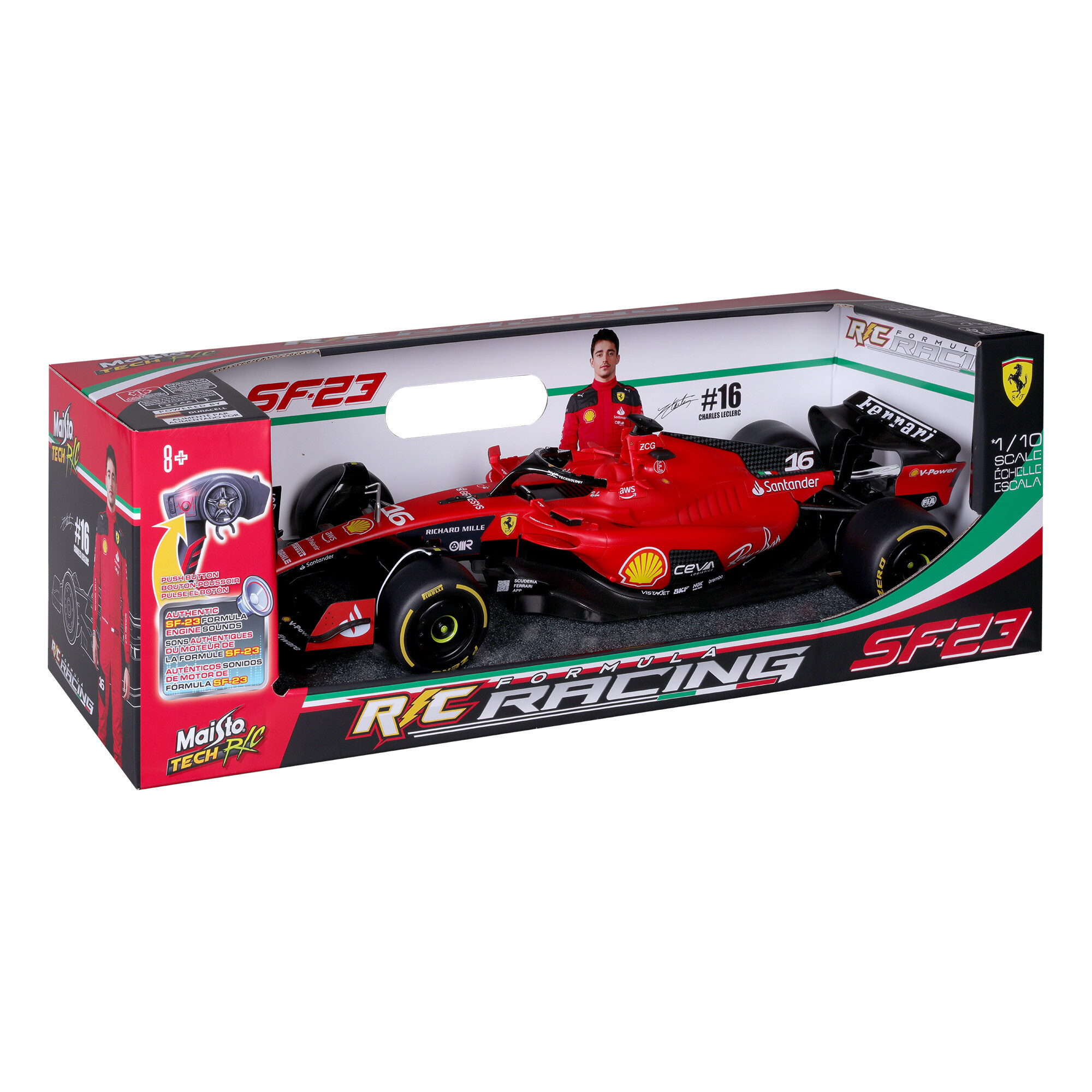 Rc maisto tech ferrari f1 sf23 modello con pilota leclerc #16 -  2.4 ghz, 7 funzioni, fino a 4 giocatori - 