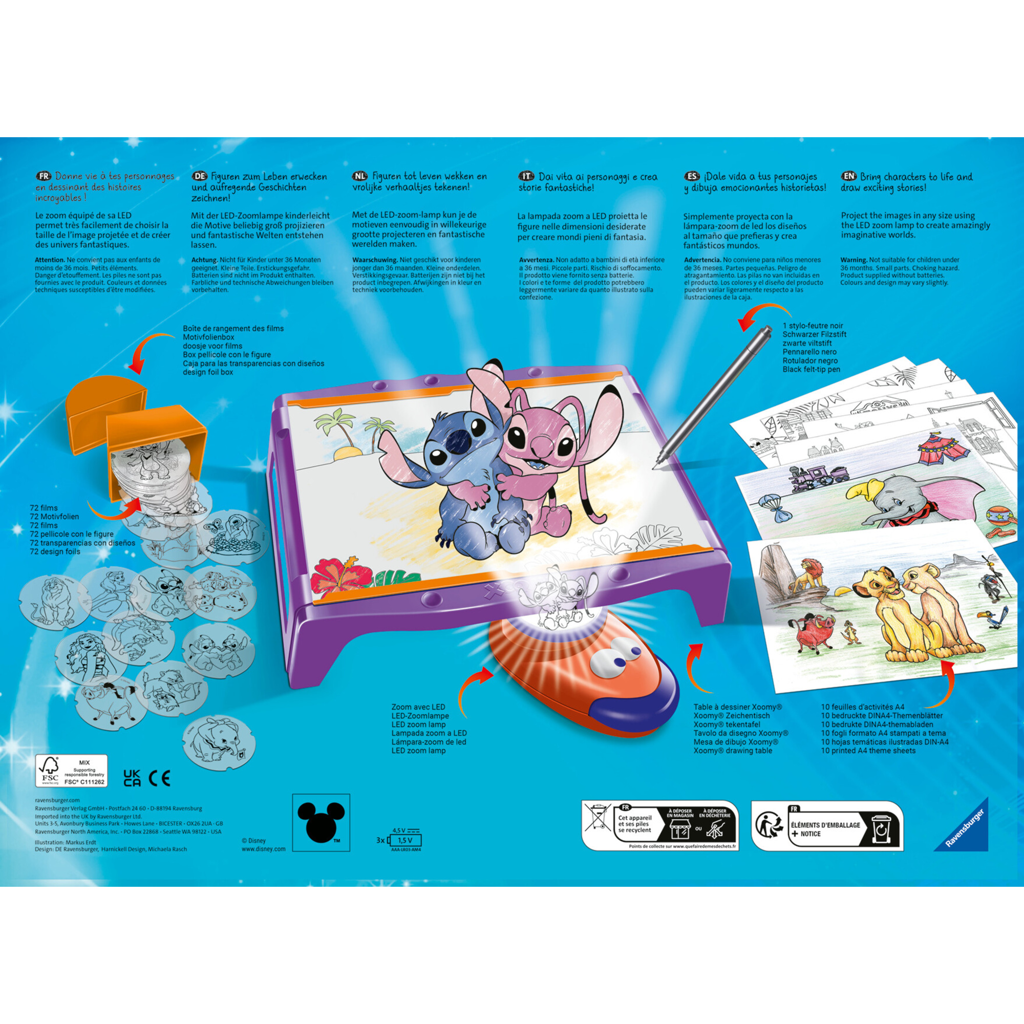 Ravensburger xoomy maxi disney stitch: tavolo a4 con proiettore luminoso e 300 motivi in 72 pellicole. gioco creativo per bimbi 6+. - Disney Stitch