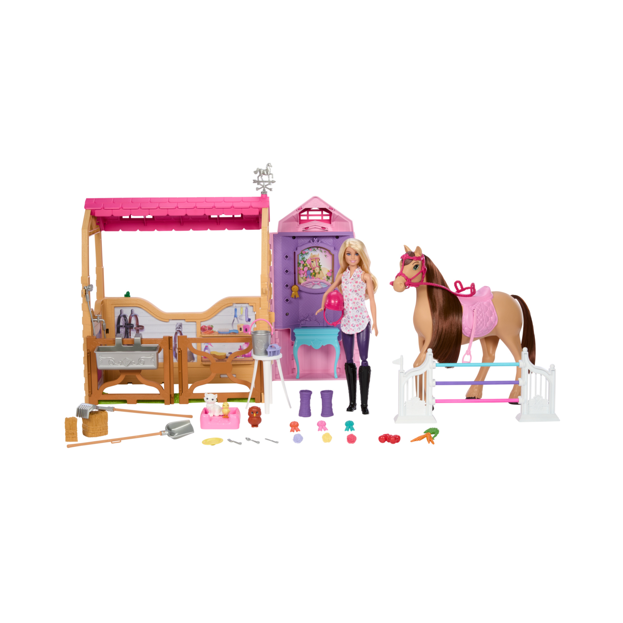 Barbie - playset stalla, con bambola e cavallo, 6 aree di gioco e 25 accessori inclusi - Barbie