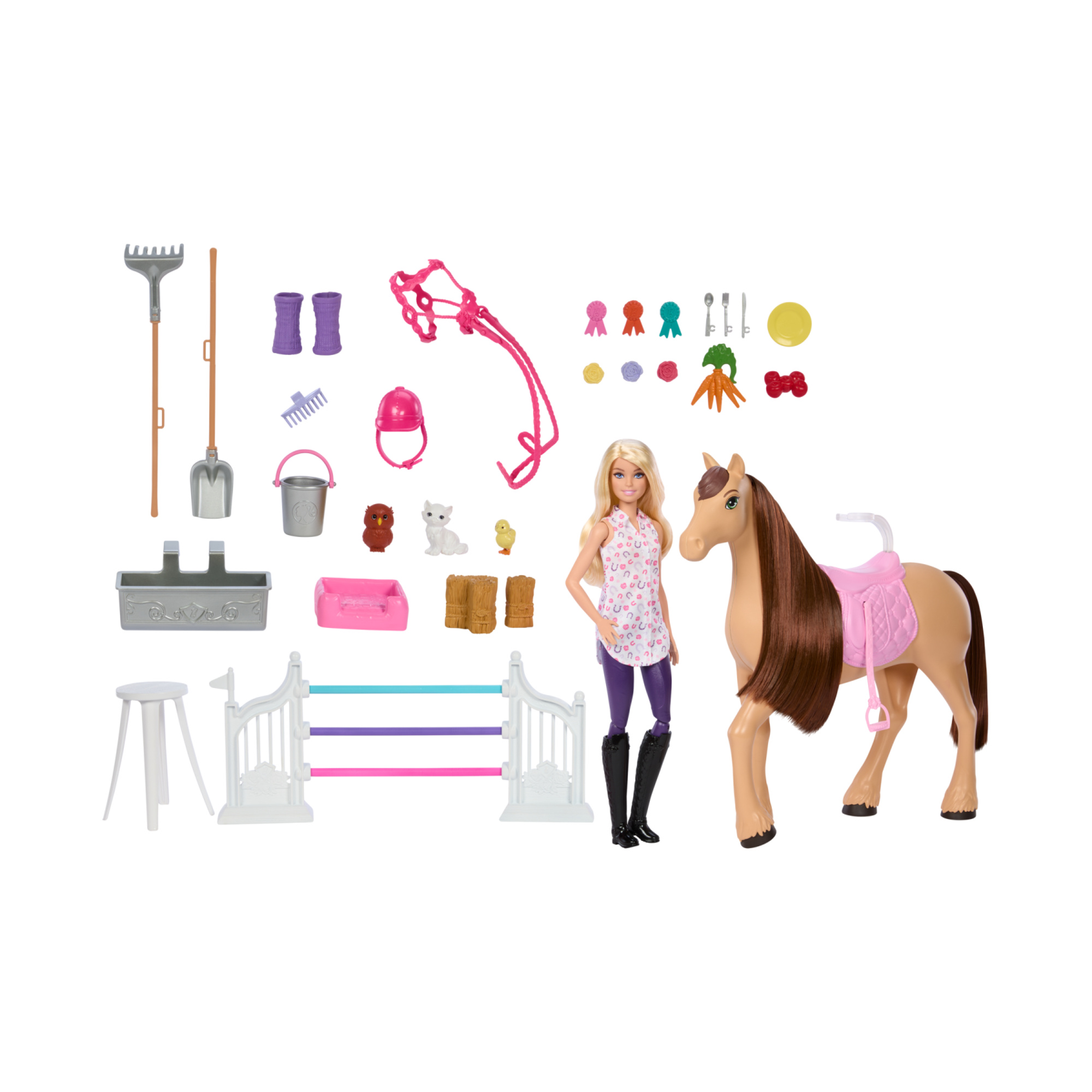 Barbie - playset stalla, con bambola e cavallo, 6 aree di gioco e 25 accessori inclusi - Barbie