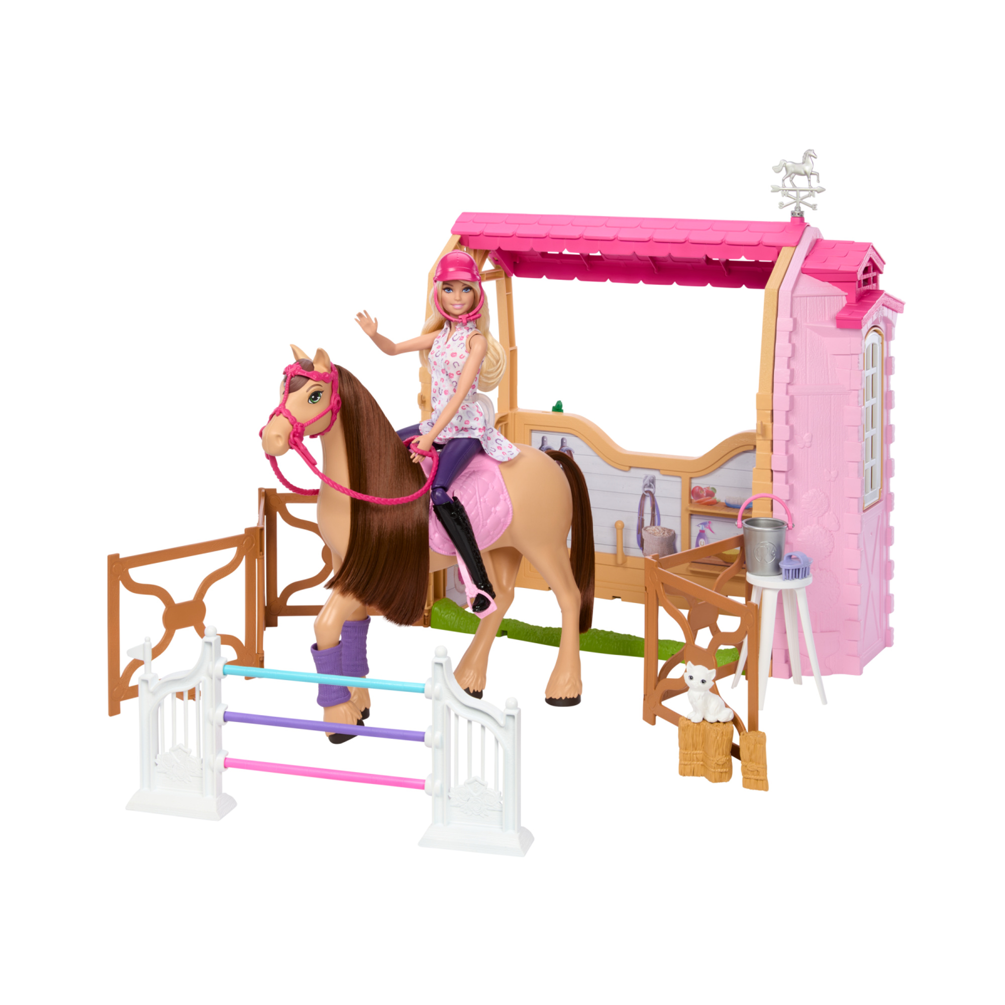 Barbie - playset stalla, con bambola e cavallo, 6 aree di gioco e 25 accessori inclusi - Barbie