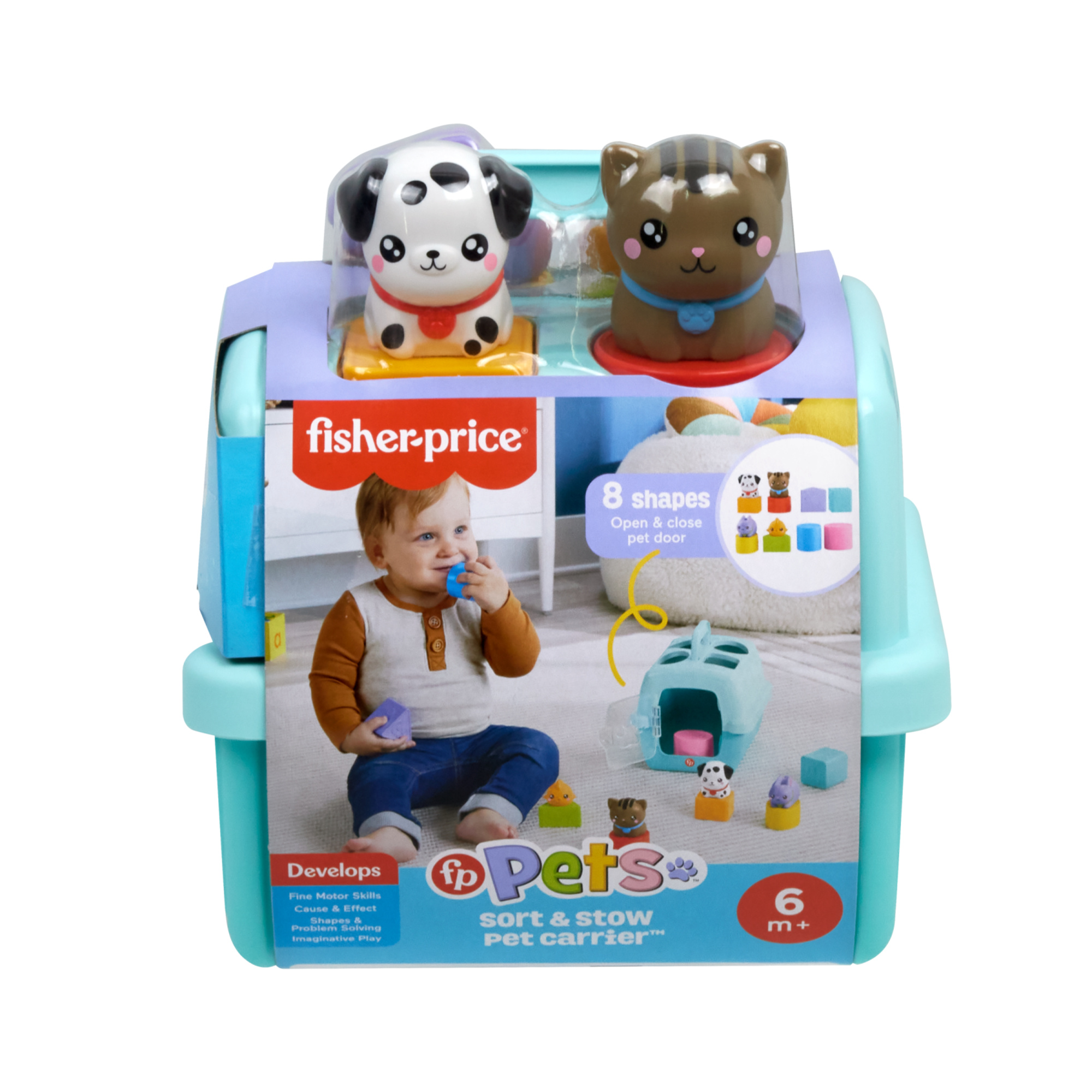 Fisher-price pets - trasportino cercaforme, set attività con 4 blocchi a tema animali e 4 formine per sviluppare le capacità motorie - 