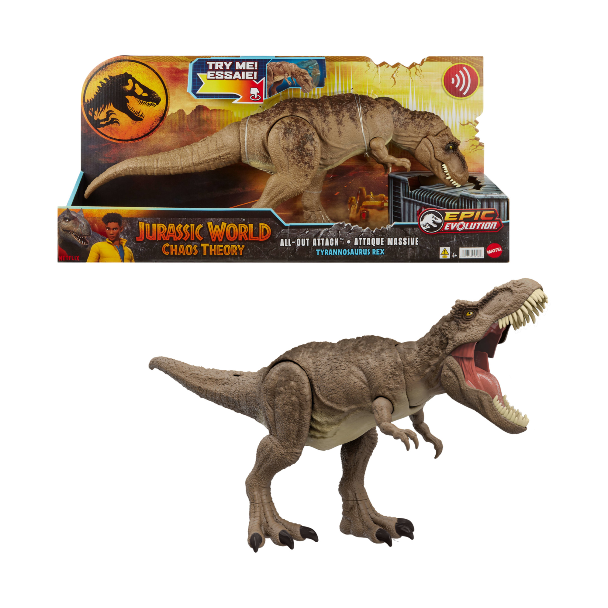 Jurassic world - t-rex attacco selvaggio, dinosauro con aculei evoluti e mossa d'attacco furioso, morso e ruggito - Jurassic World