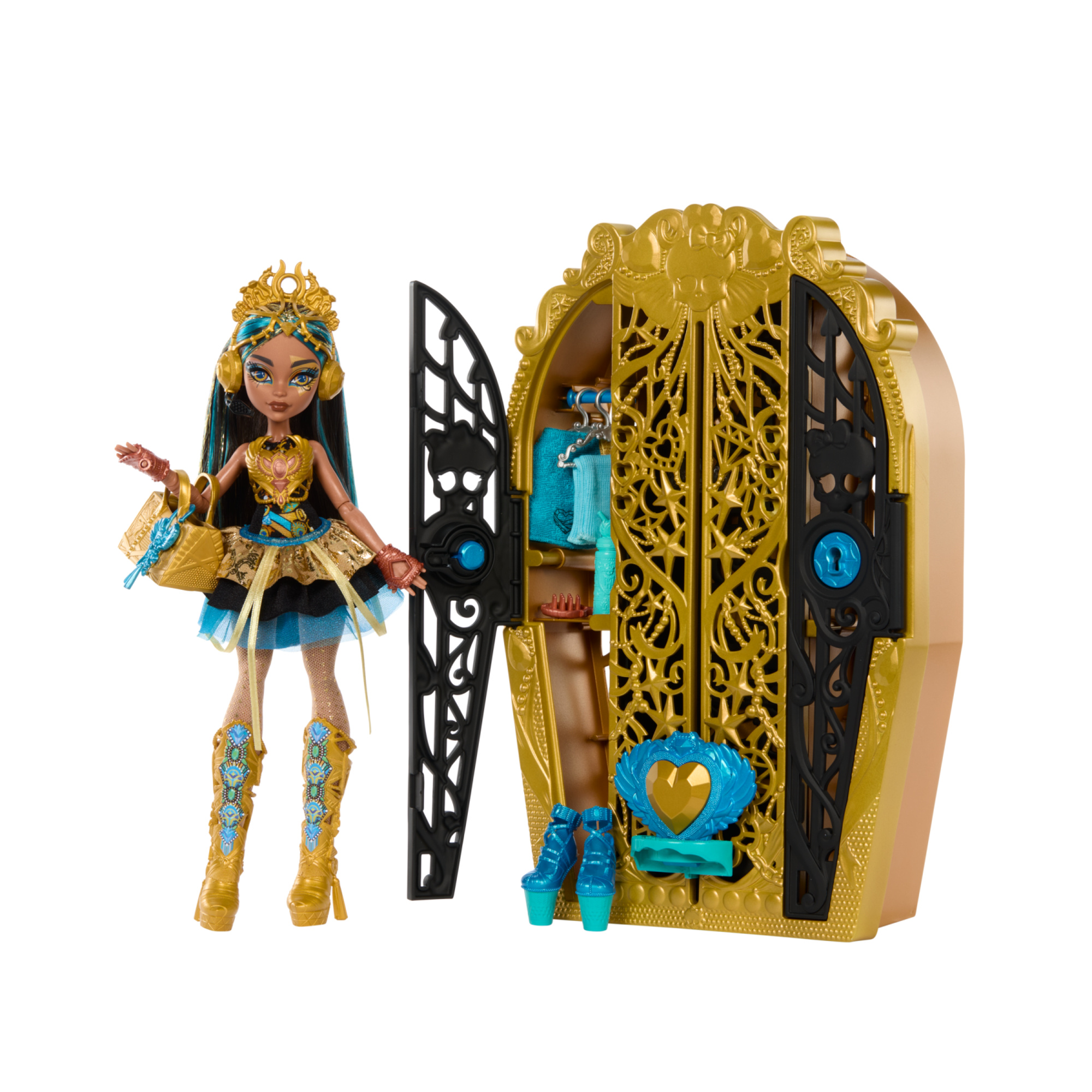 Monster high segreti da brivido - cleo de nile misteri mostruosi, set con bambola e guardaroba, 19 accessori e capi d'abbigliamento a sorpresa inclusi - Monster High