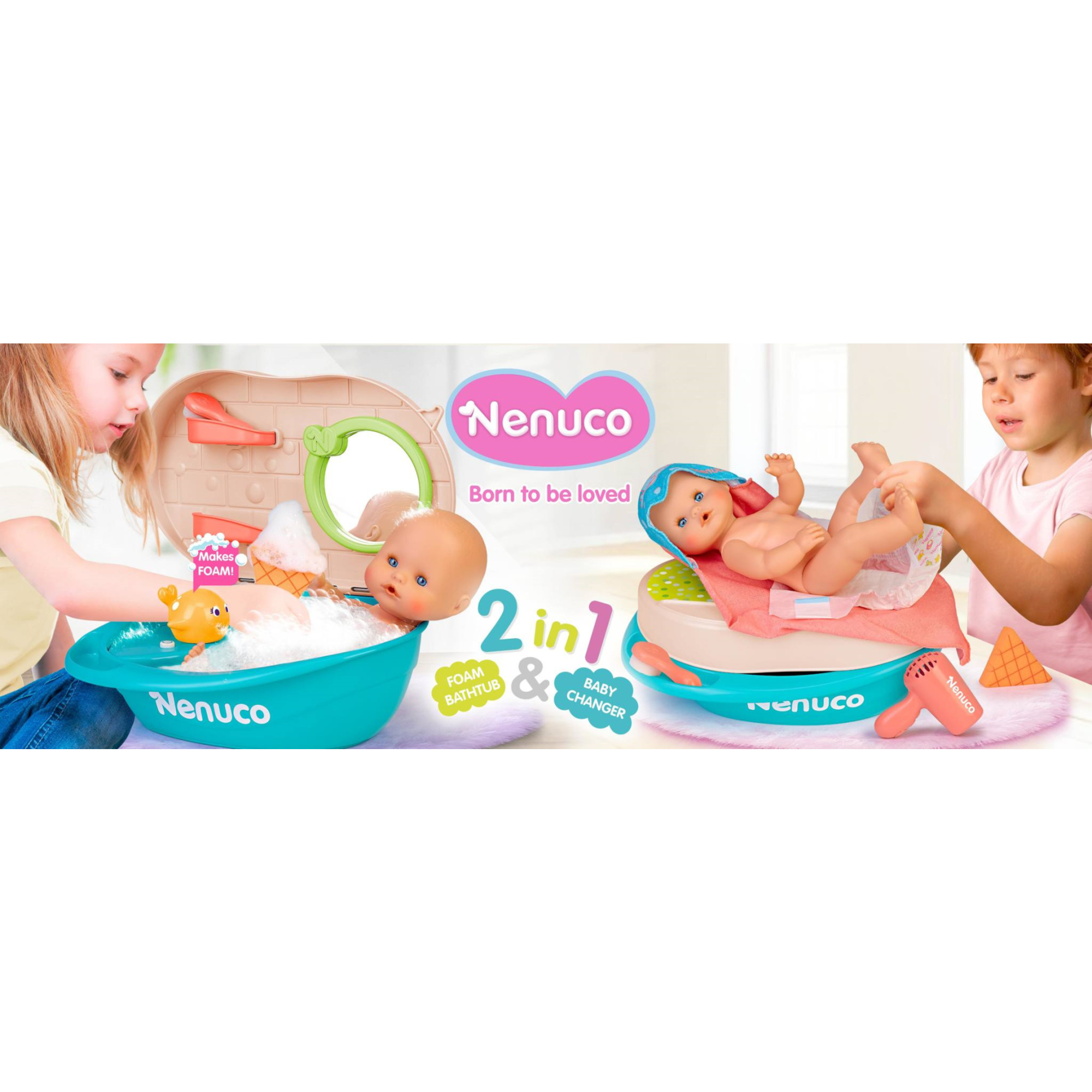 Nenuco bagnetto con le bolle, bambola 35 cm corpo rigido, con accessorio 2 in 1: bagnetto e fasciatoio, per bambine/i dai 3 anni - NENUCO