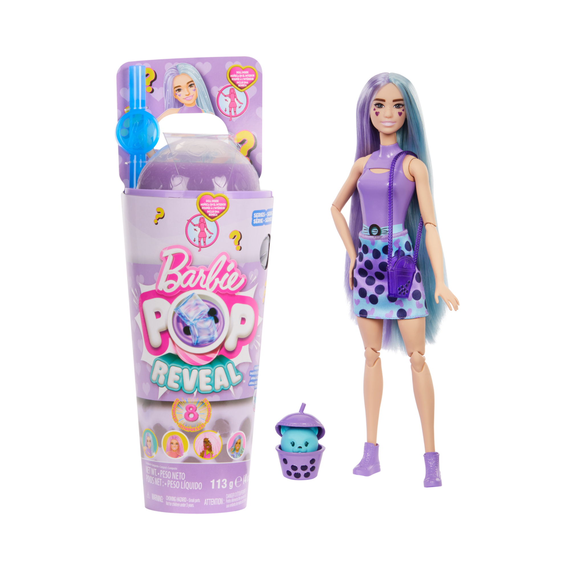 Barbie - pop reveal serie bubble tea, bambola alla moda taro milk profumata con cucciolo e 8 accessori a sorpresa con effetto cambia colore - Barbie