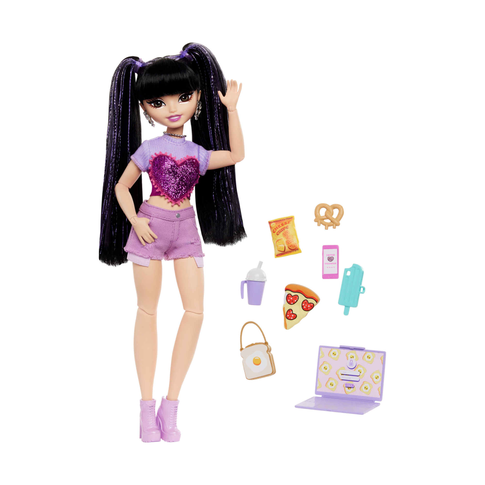 Barbie dream besties - renee, bambola alla moda con capelli neri e ciocche viola , 11 accessori a tema vlog di cucina e viaggi inclusi - Barbie