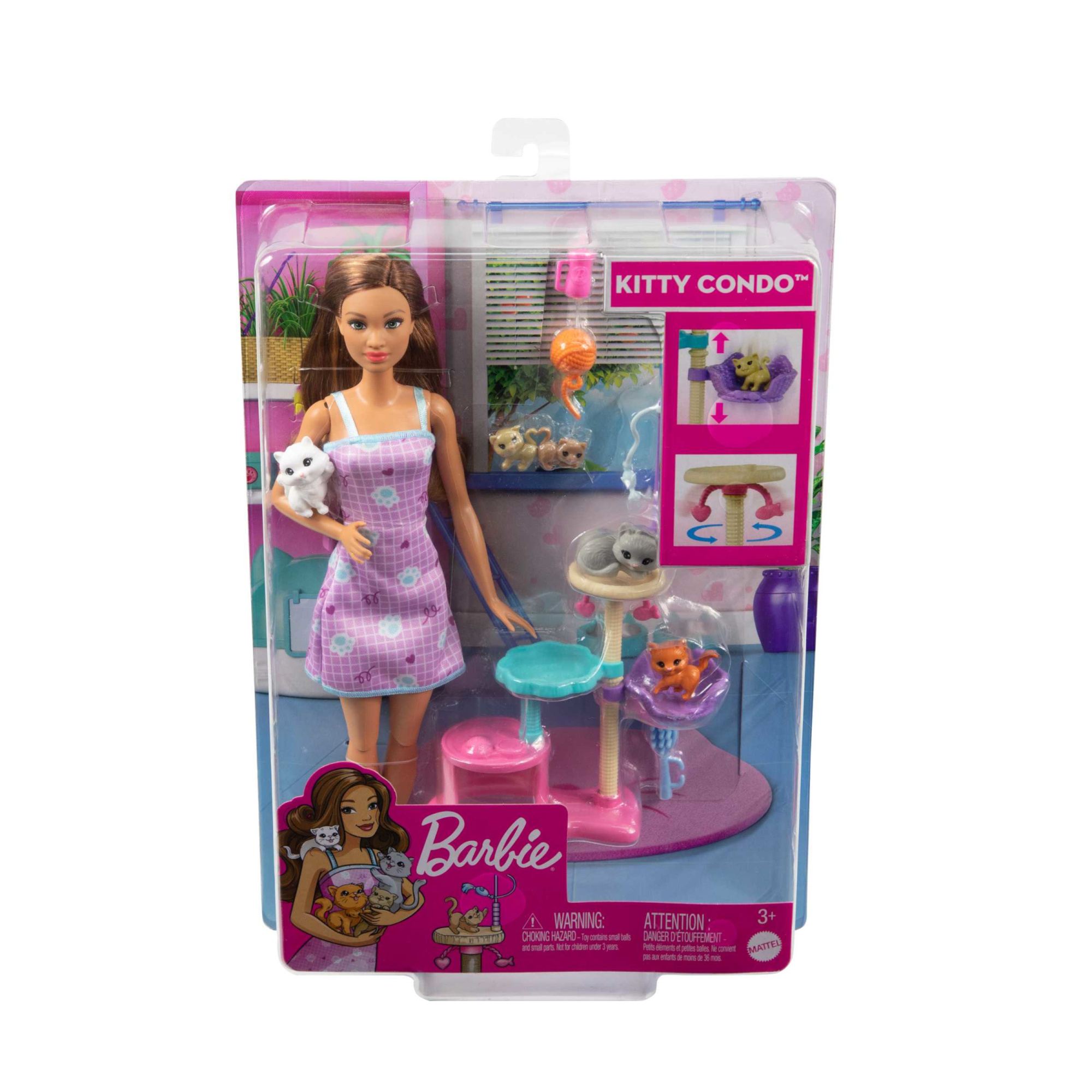 Barbie - giochi dei cuccioli, playset con bambola castana, 1 gatto e 4 gattini, casetta ad albero e accessori inclusi - Barbie