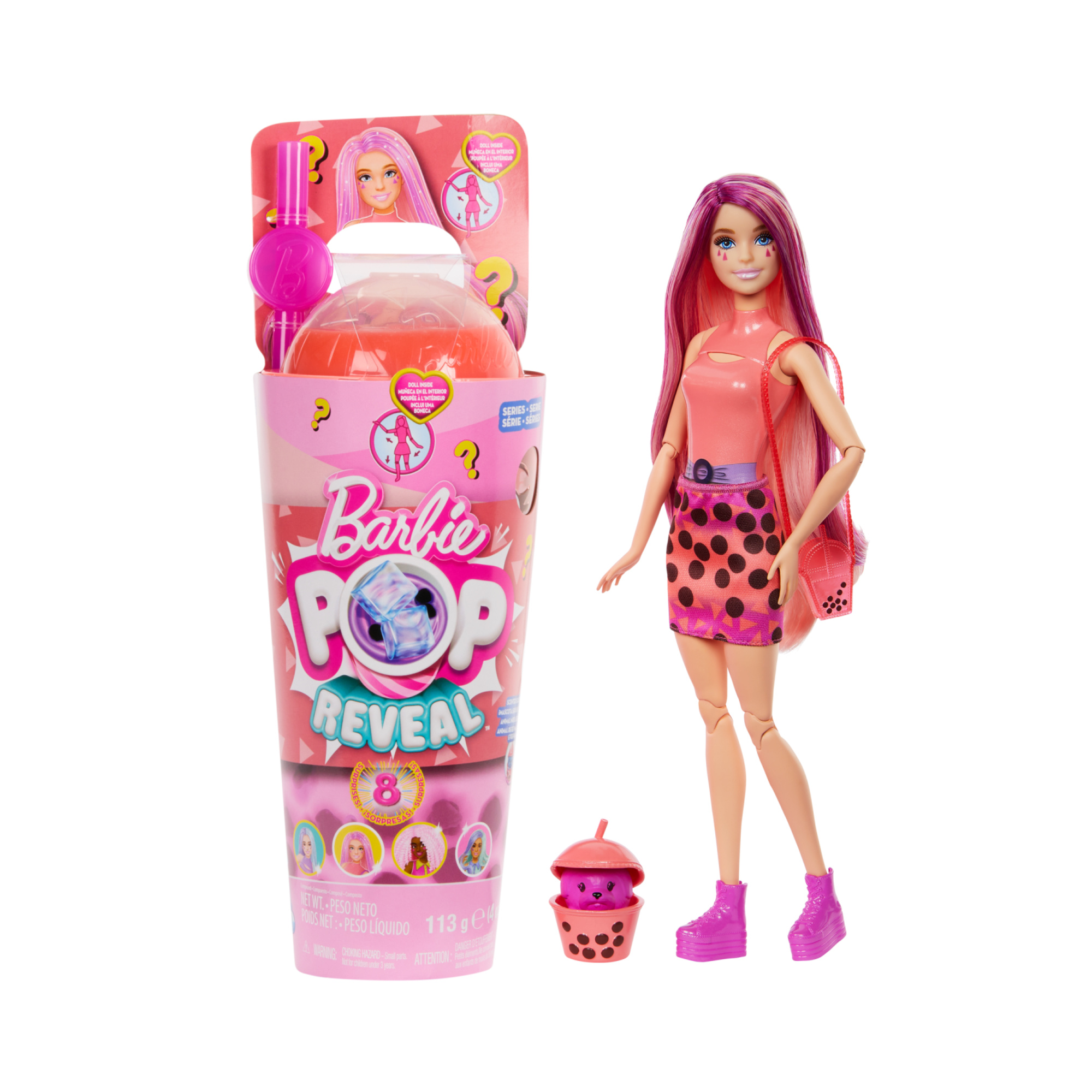 Barbie - pop reveal serie bubble tea, bambola alla moda mango mochi profumata con cucciolo e 8 accessori a sorpresa con effetto cambia colore - Barbie