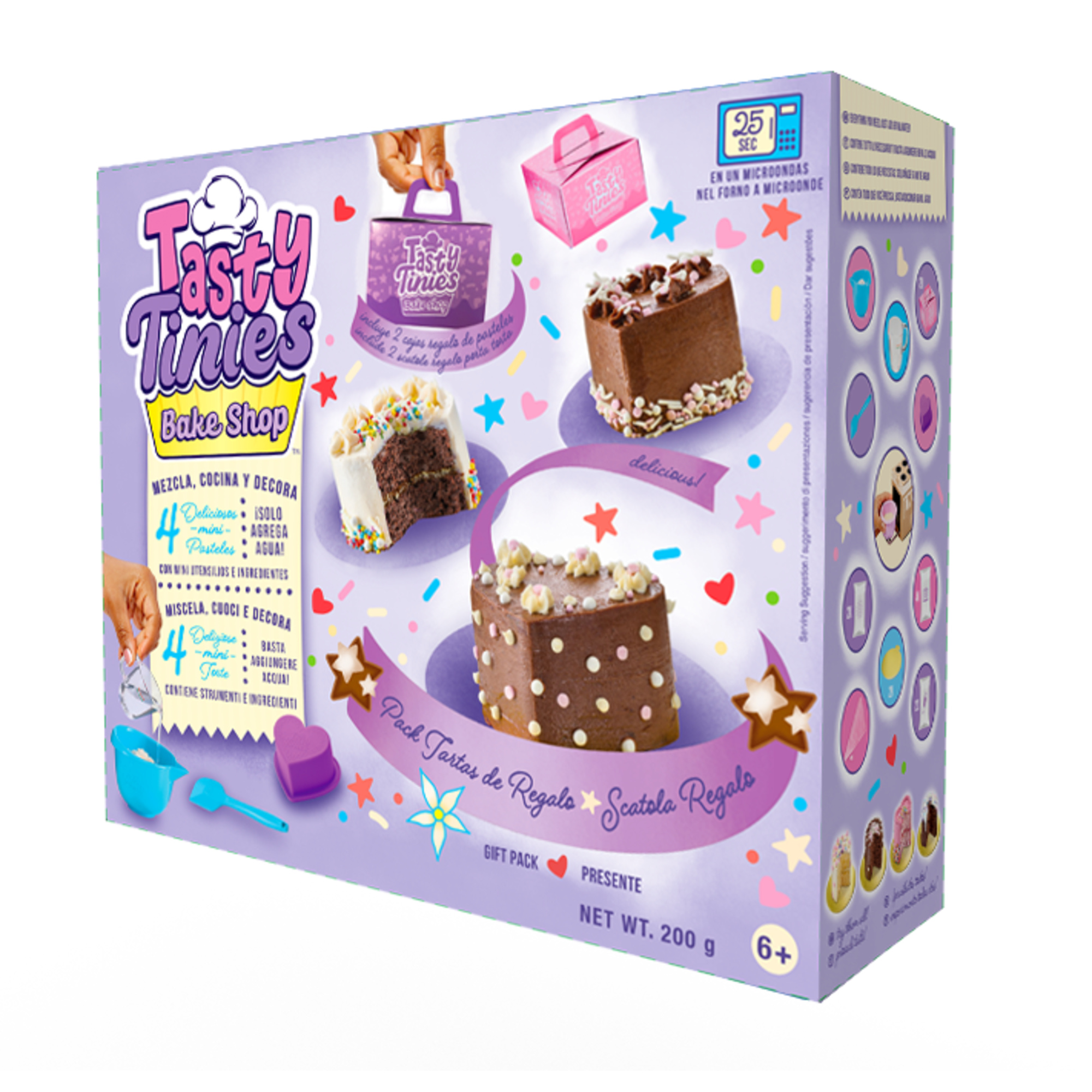 Tasty tinies - gift pack - regalo di compleanno - pasticceria creativa bambini 6+ - 4 torte + glassa + decorazioni + accessori - 25 sec microonde - 