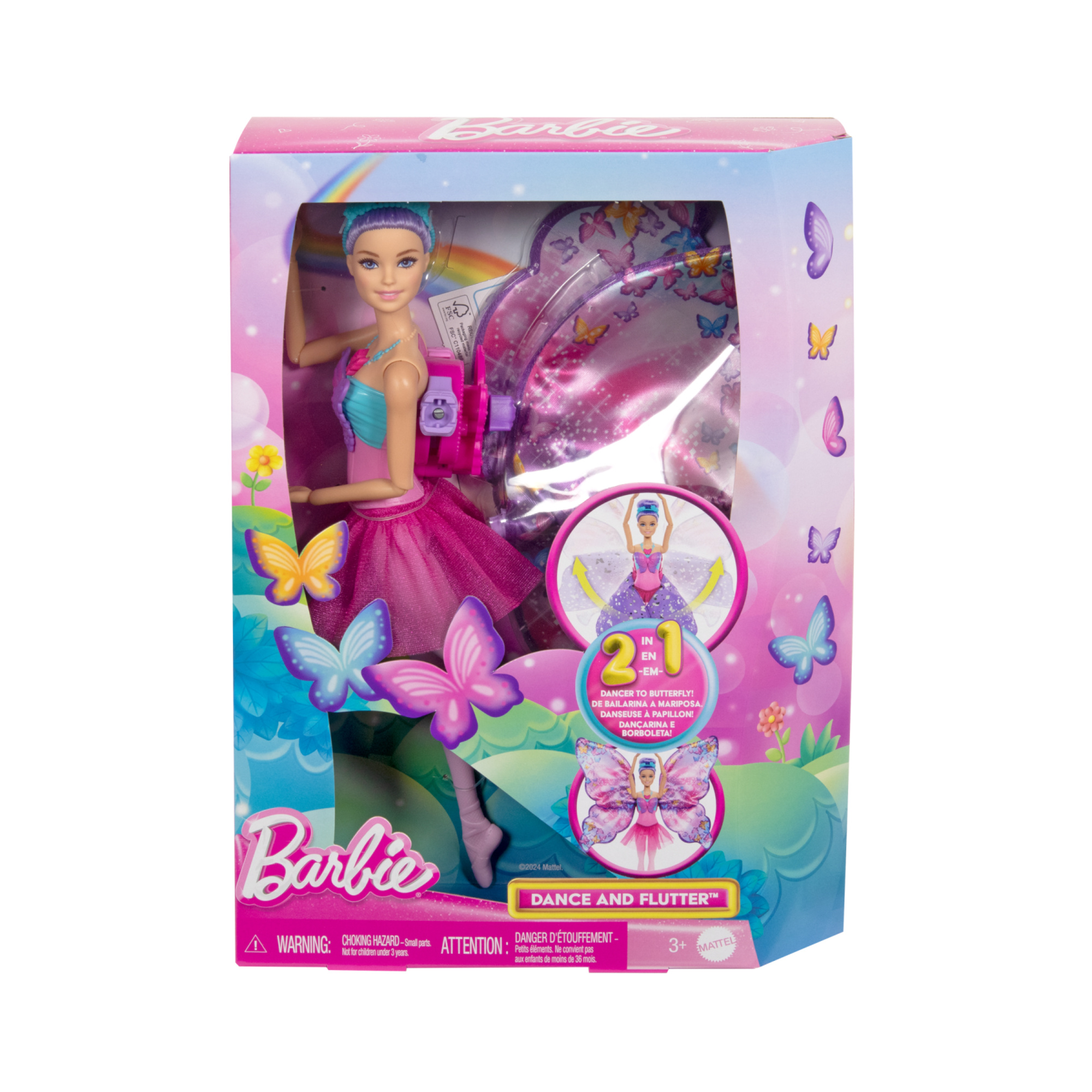 Barbie - ali scintillanti, bambola dai capelli viola, trasformazione 2 in 1 da ballerina a farfalla con ali apribili - Barbie