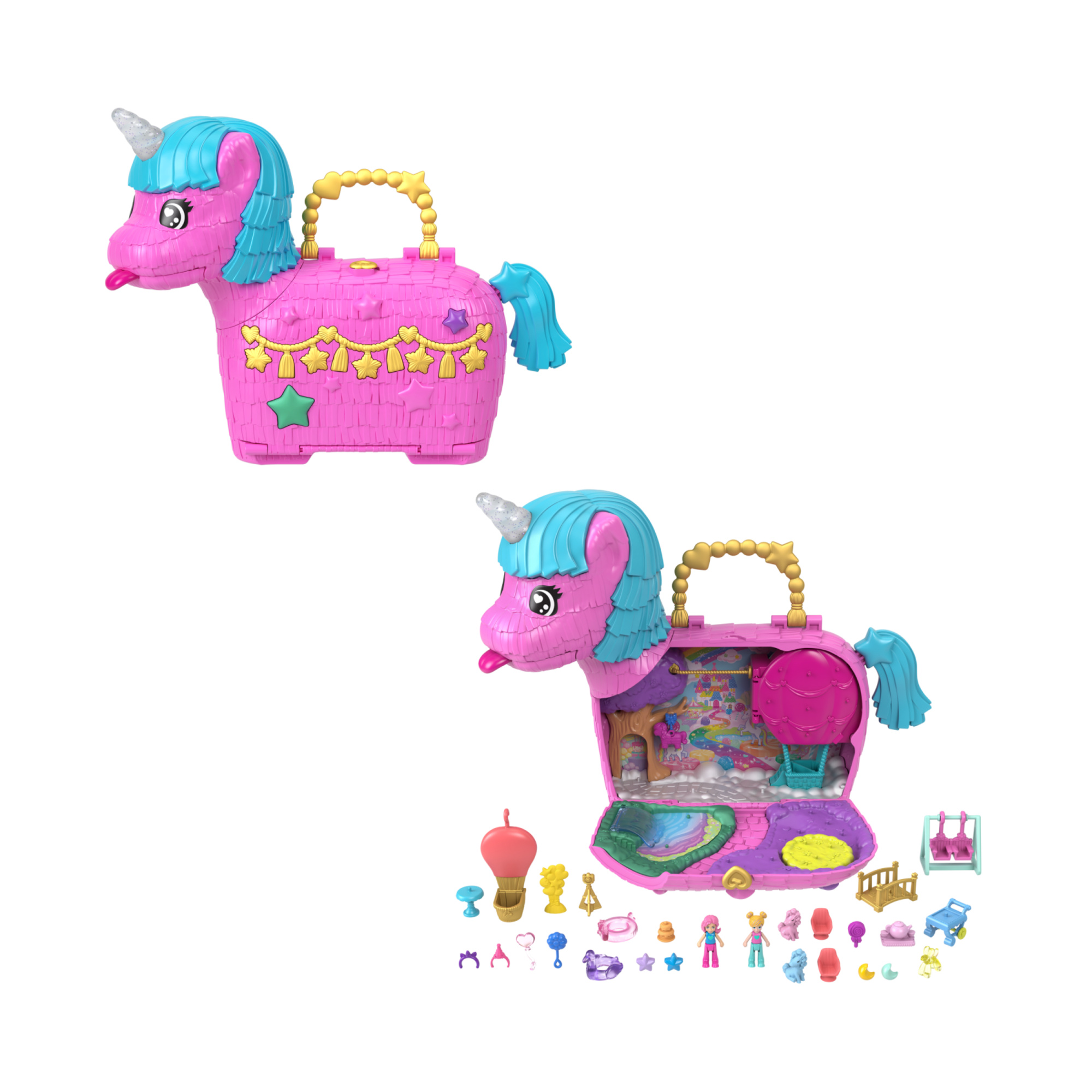 Polly pocket - festa unicorno, playset con 2 mini bambole e cuccioli, 25+ accessori inclusi - Polly Pocket