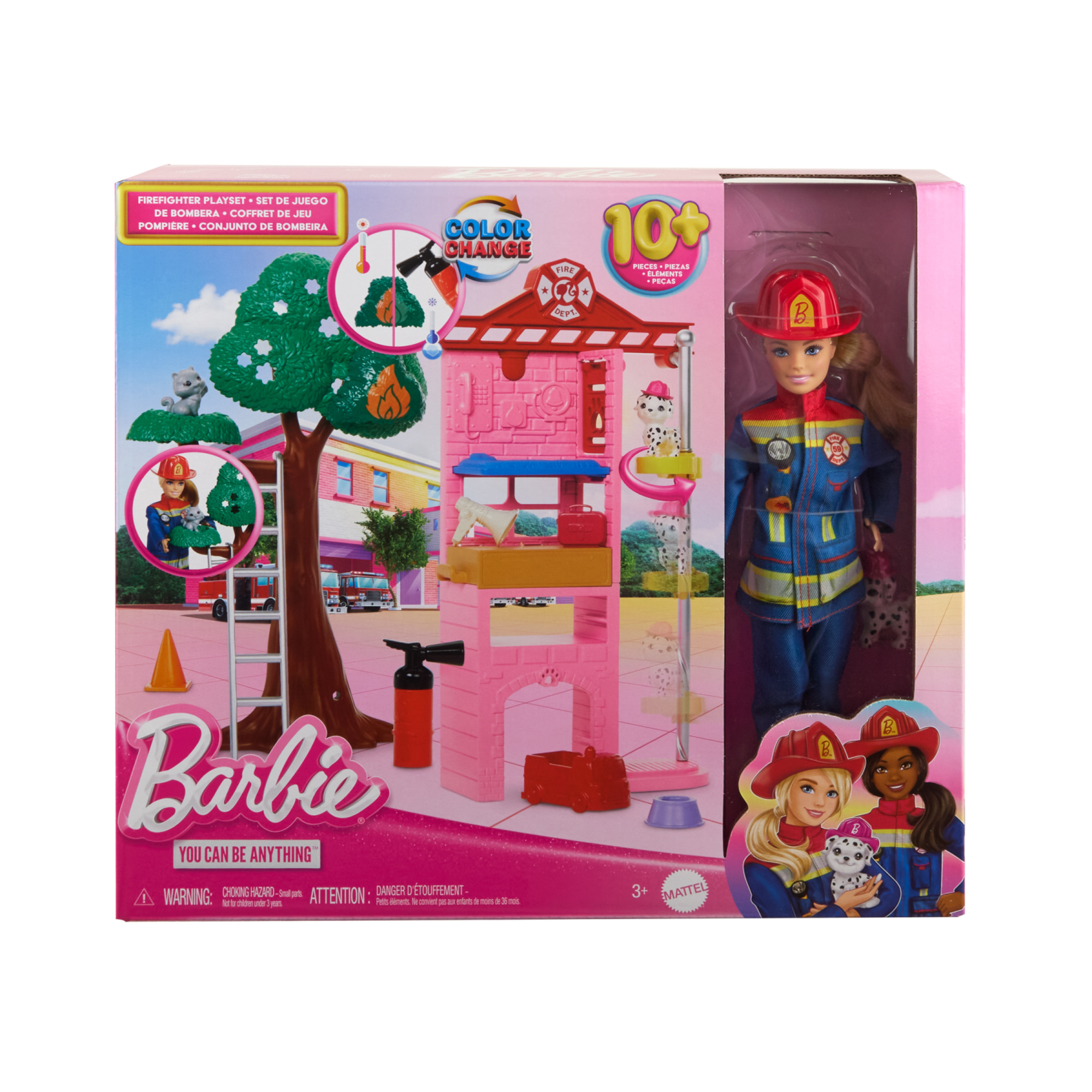 Barbie carriere - vigilessa del fuoco, playset con bambola e caserma dei pompieri, include 2 cuccioli con effetto cambia colore - Barbie